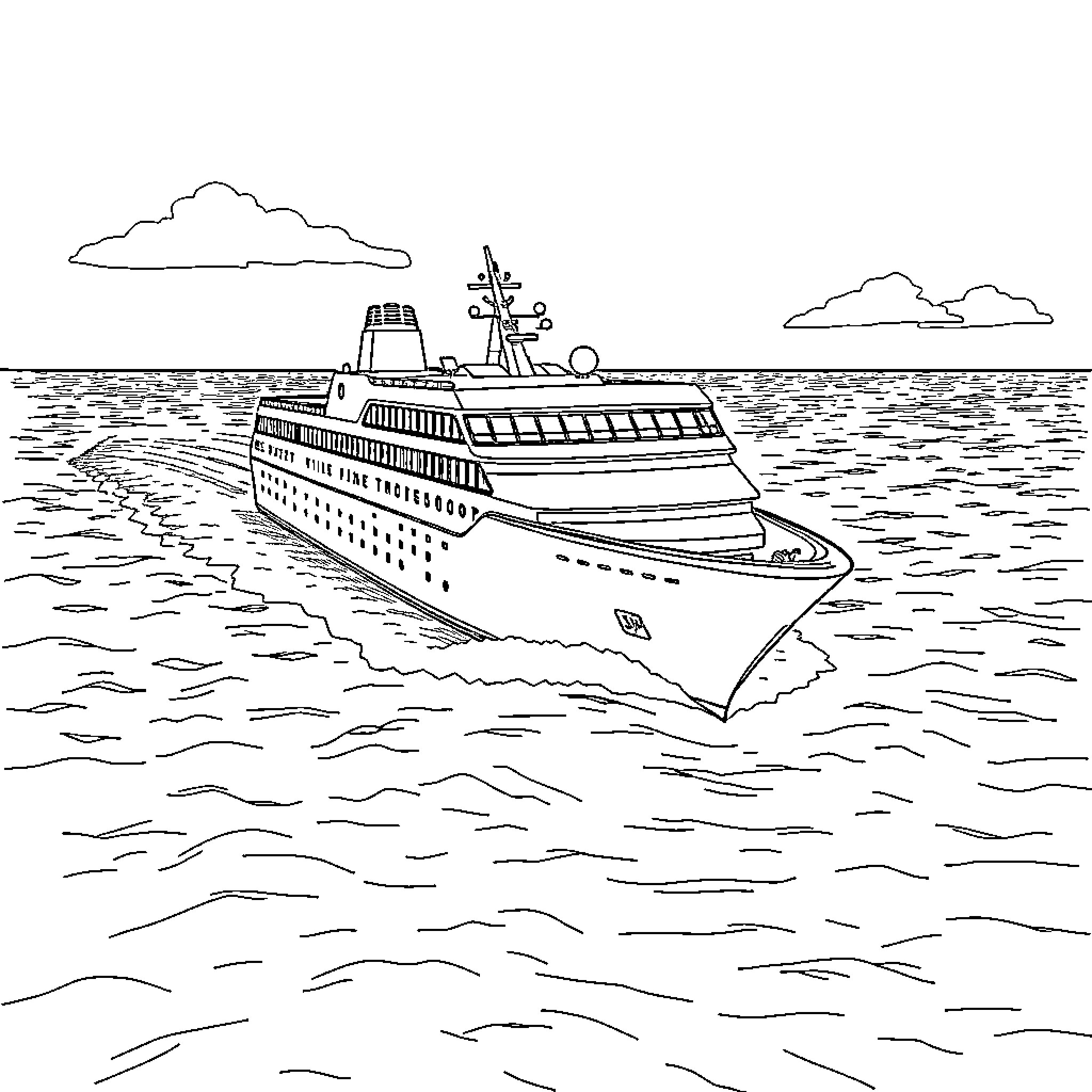 Cruise Boat Sailing Across Open Waters Coloring Page (free black-and-white line drawing printable PDF for all, from beginners to advanced learners, including children, teens, adults, and seniors)