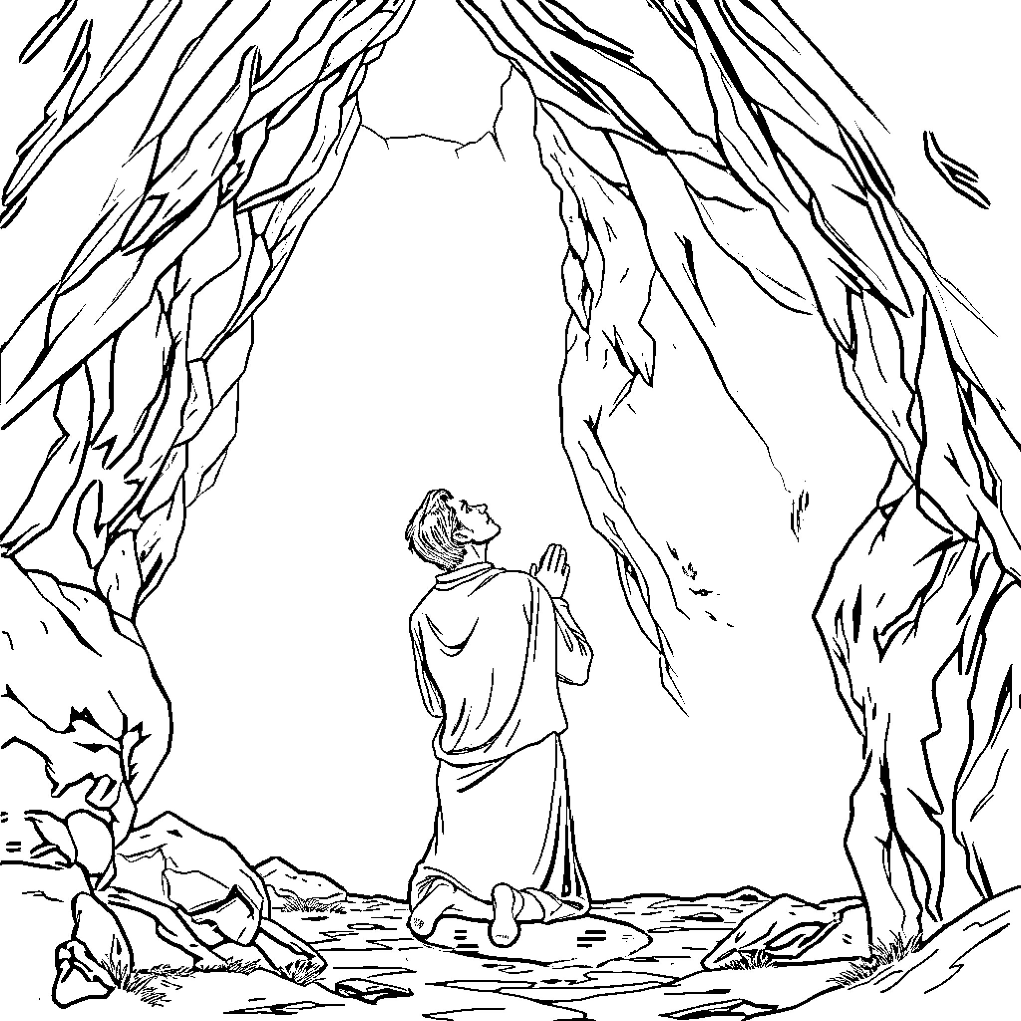 Man exploring a mysterious cave Coloring Page (free black-and-white line drawing printable PDF for all, from beginners to advanced learners, including children, teens, adults, and seniors)