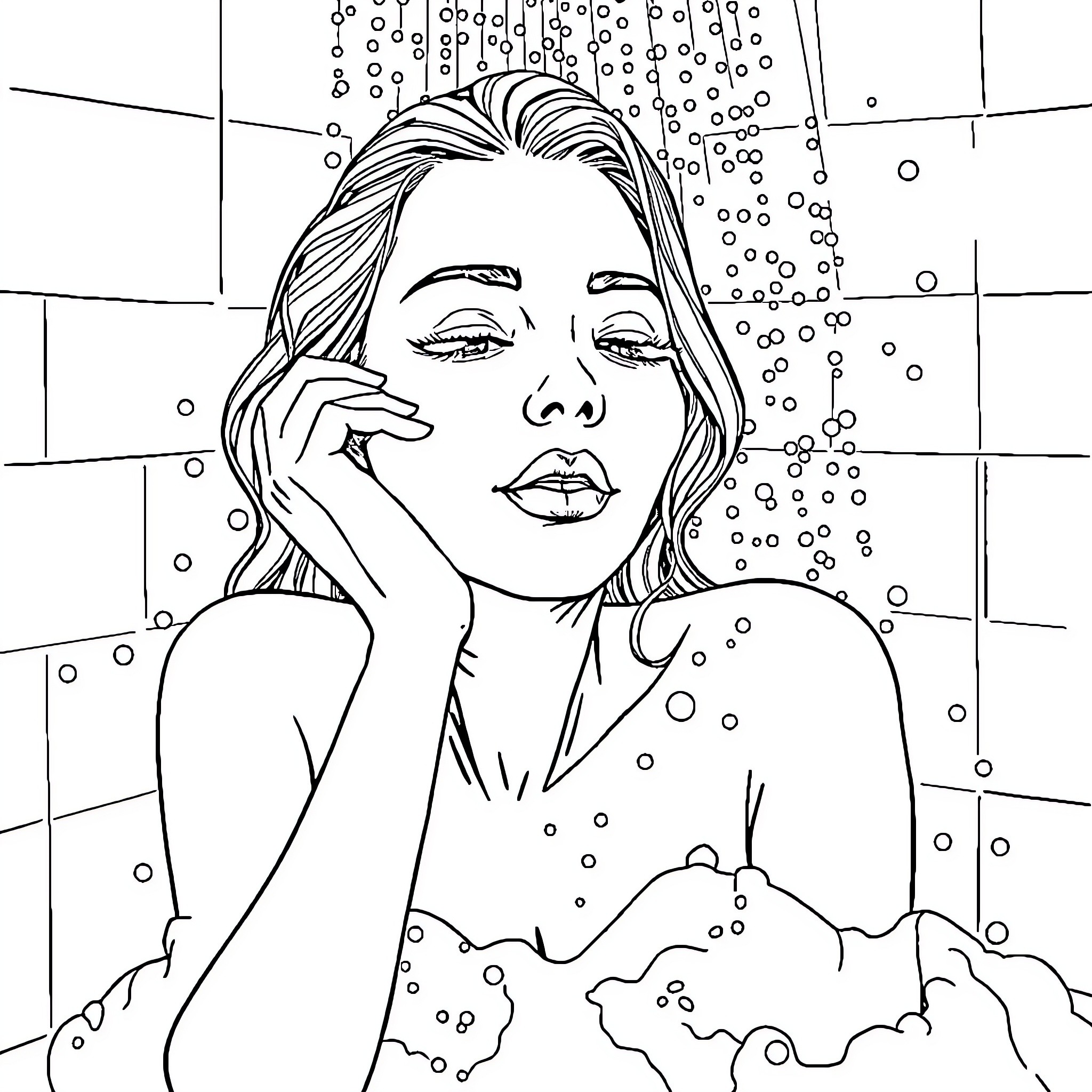 Woman enjoying a relaxing bubble bath Coloring Page (free black-and-white line drawing printable PDF for all, from beginners to advanced learners, including children, teens, adults, and seniors)