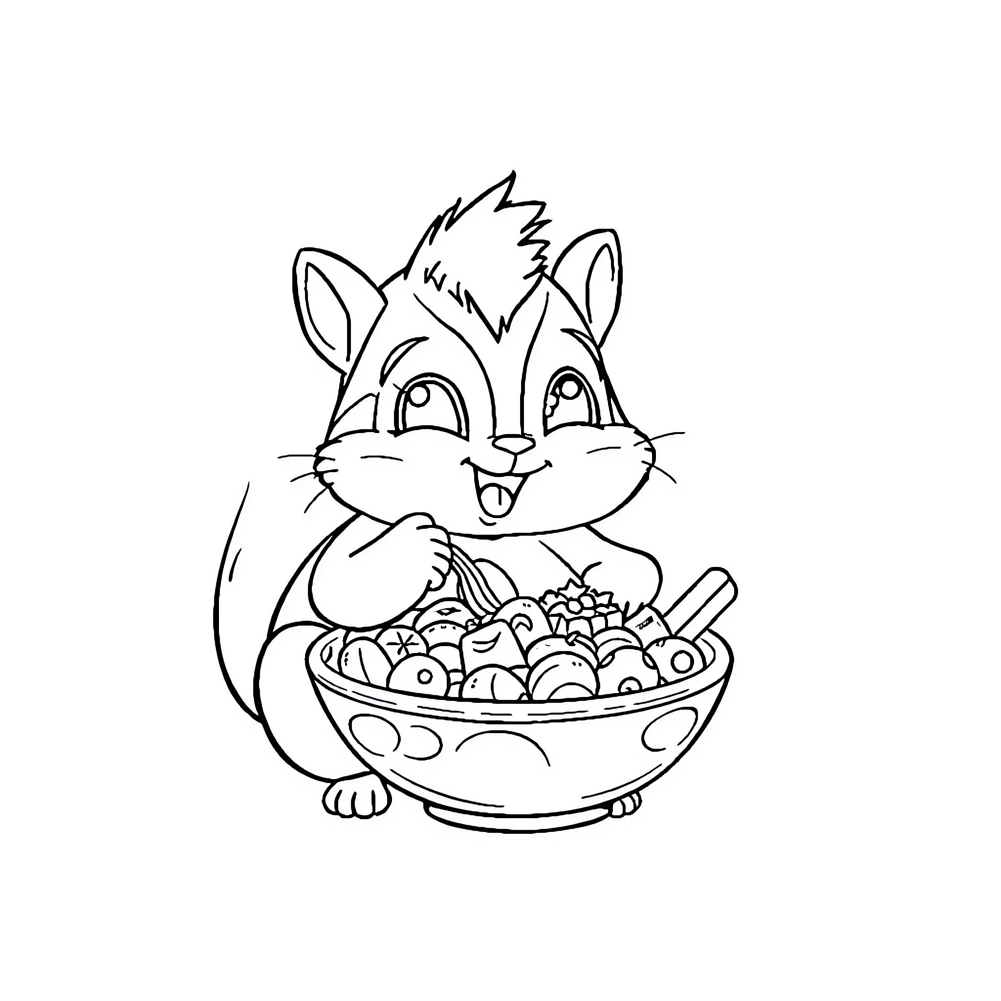 Sprunki enjoys a tasty snack from a bowl Coloring Page (free black-and-white line drawing printable PDF for all, from beginners to advanced learners, including children, teens, adults, and seniors)