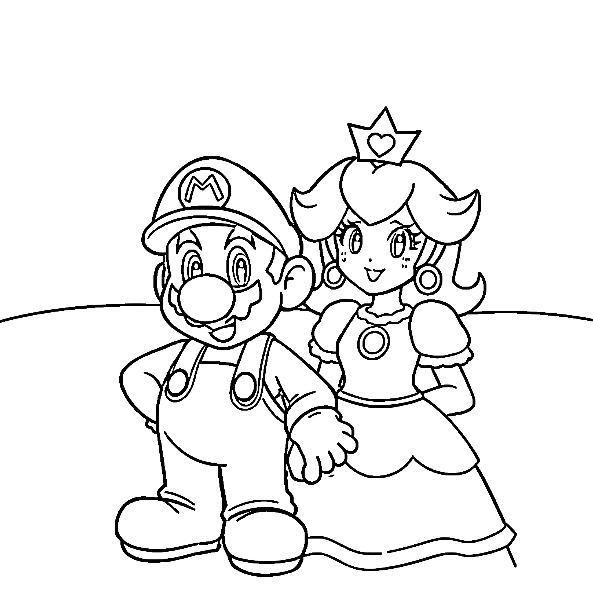 Mario and Princess Posing Together Coloring Page (free black-and-white line drawing printable PDF for all, from beginners to advanced learners, including children, teens, adults, and seniors)