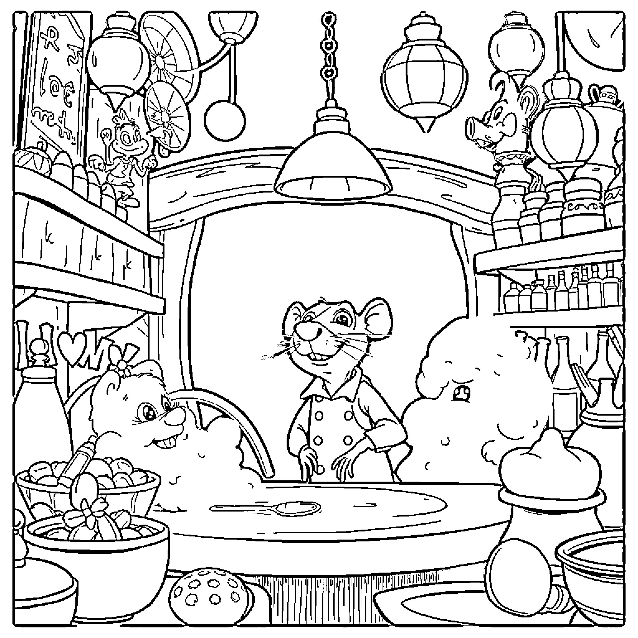 Ratatouille: Culinary Adventures in the Kitchen Coloring Page (free black-and-white line drawing printable PDF for all, from beginners to advanced learners, including children, teens, adults, and seniors)
