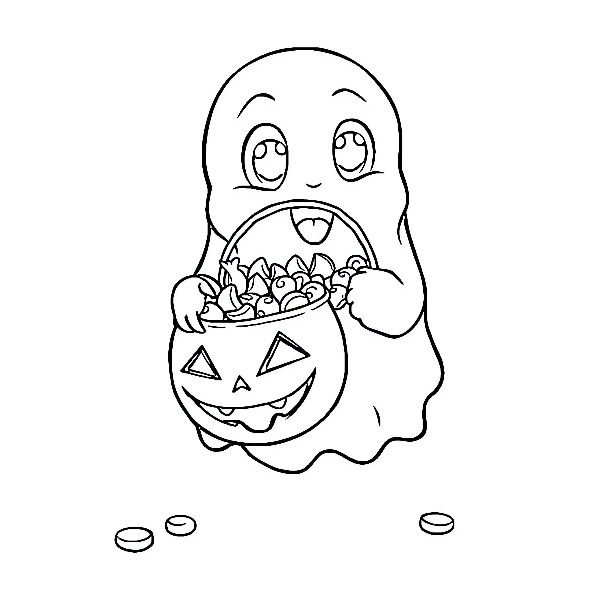 Ghost collecting Halloween treats in a pumpkin bucket Coloring Page (free black-and-white line drawing printable PDF for all, from beginners to advanced learners, including children, teens, adults, and seniors)