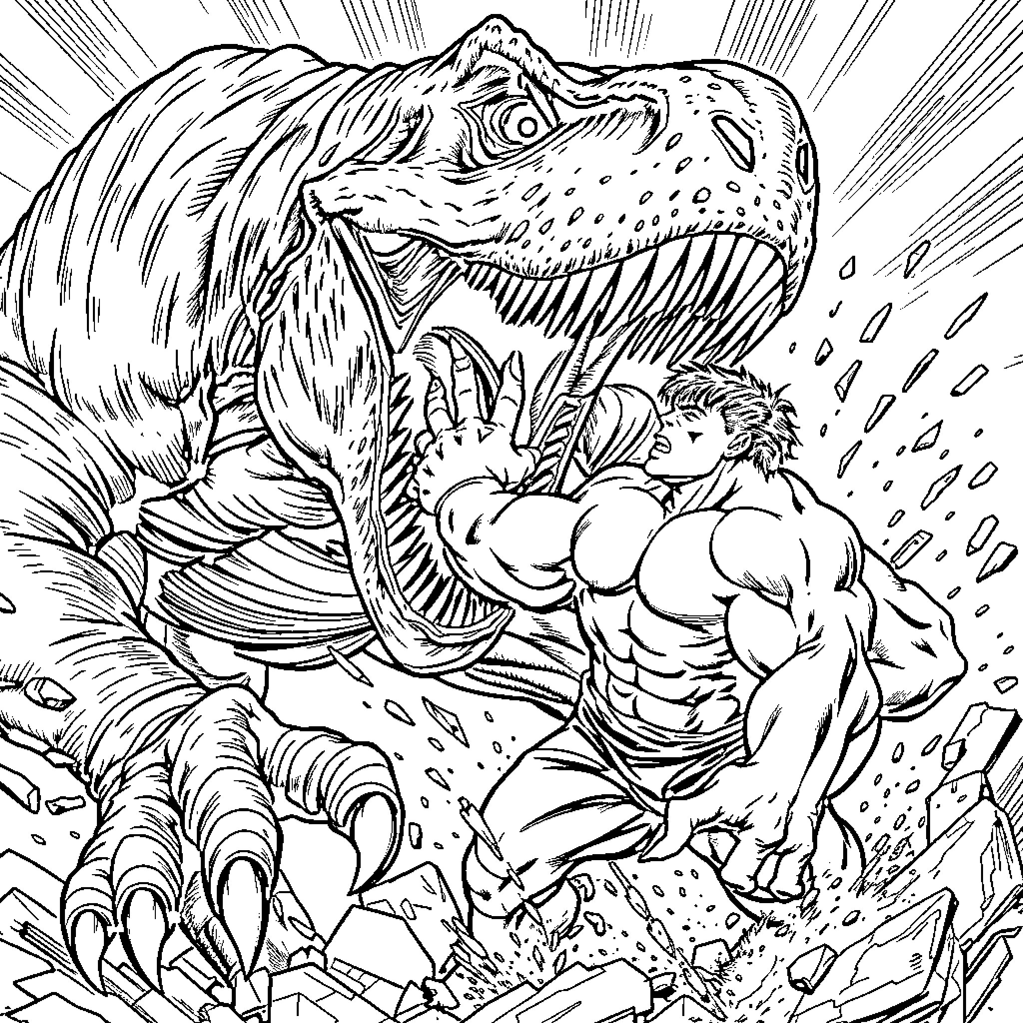 T-Rex battles a muscular hero in epic showdown Coloring Page (free black-and-white line drawing printable PDF for all, from beginners to advanced learners, including children, teens, adults, and seniors)