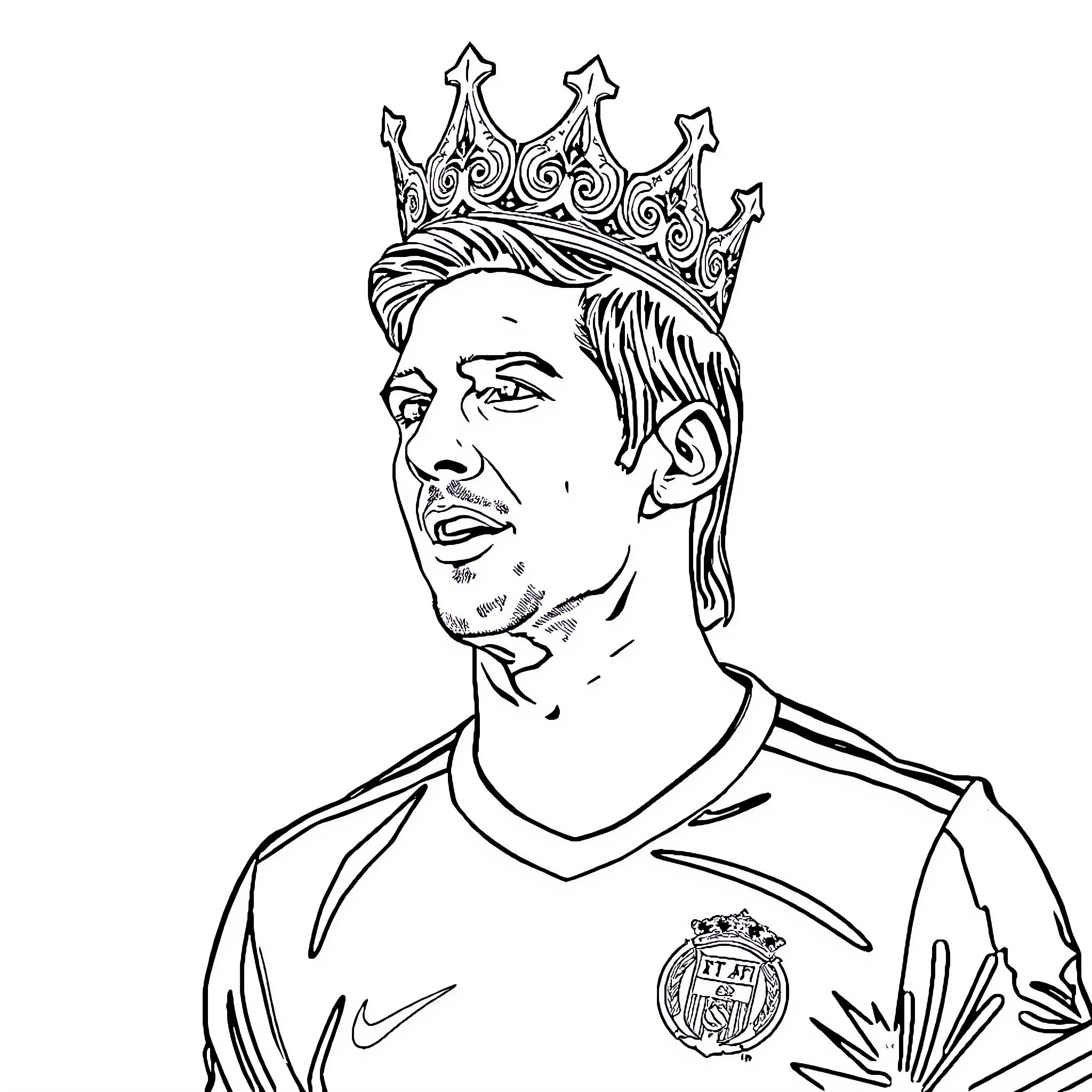 Cr7 wearing crown in soccer uniform Coloring Page (free black-and-white line drawing printable PDF for all, from beginners to advanced learners, including children, teens, adults, and seniors)