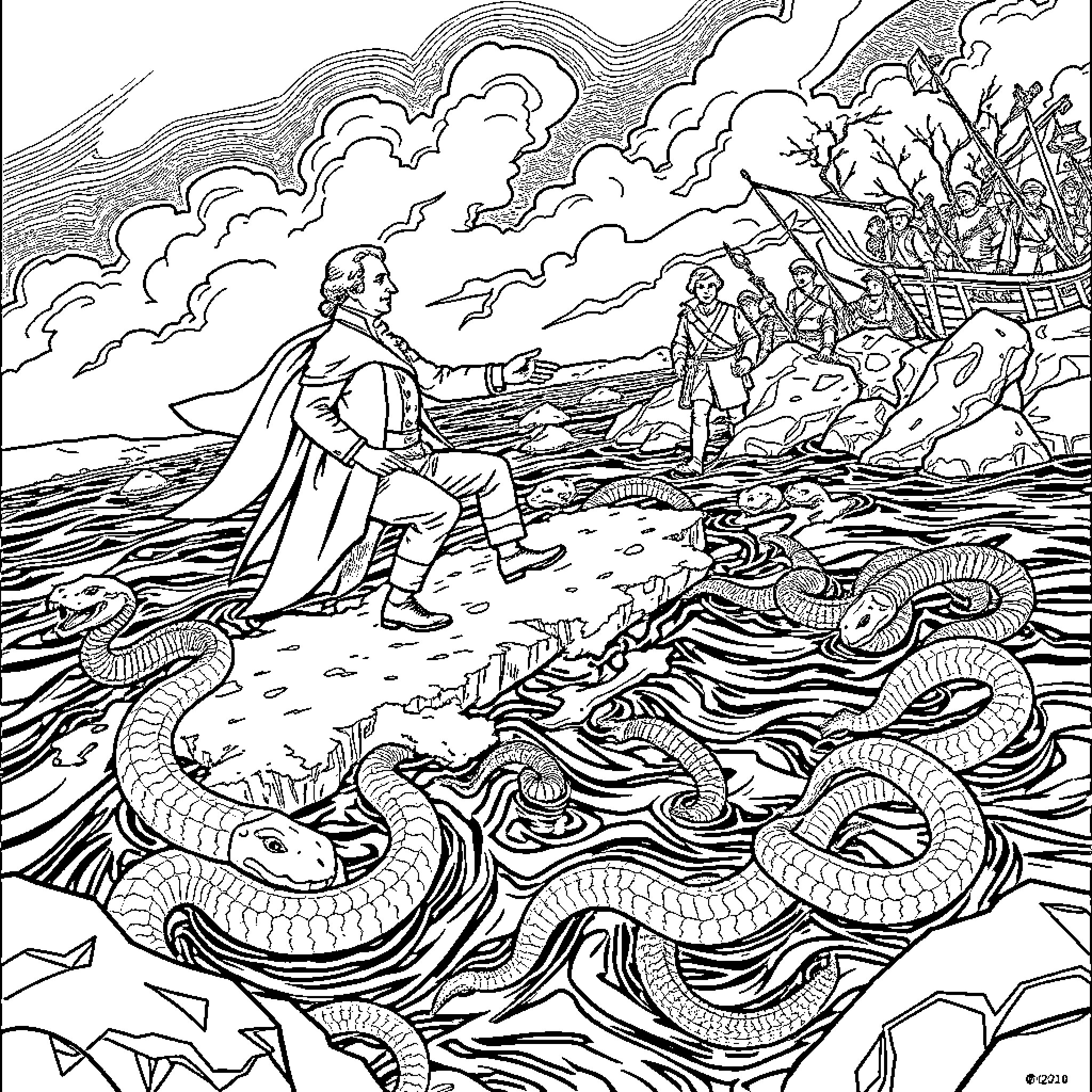 George Washington confronting a serpent in the sea Coloring Page (free black-and-white line drawing printable PDF for all, from beginners to advanced learners, including children, teens, adults, and seniors)