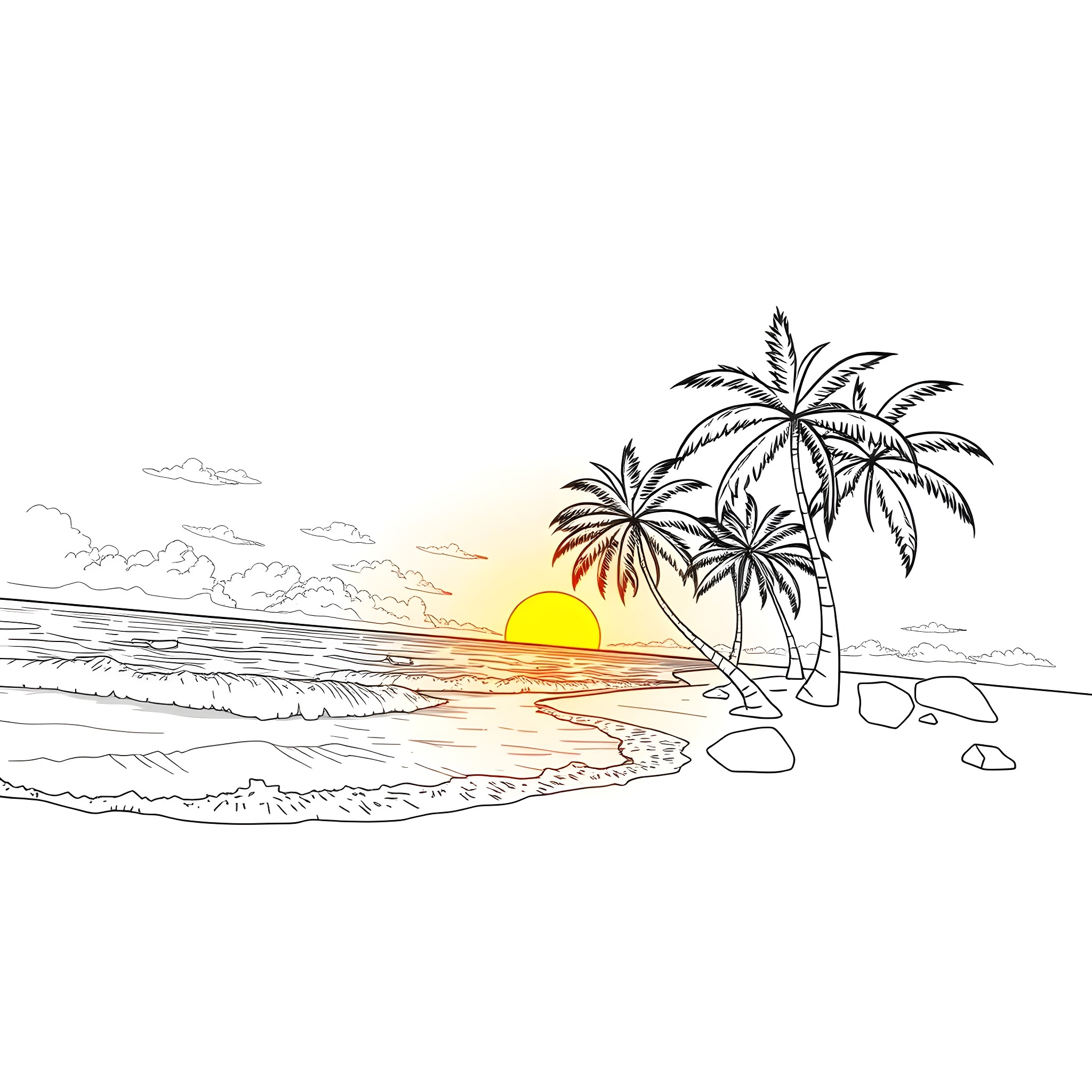 Nature's Sunset Serenity Coloring Page (free black-and-white line drawing printable PDF for all, from beginners to advanced learners, including children, teens, adults, and seniors)