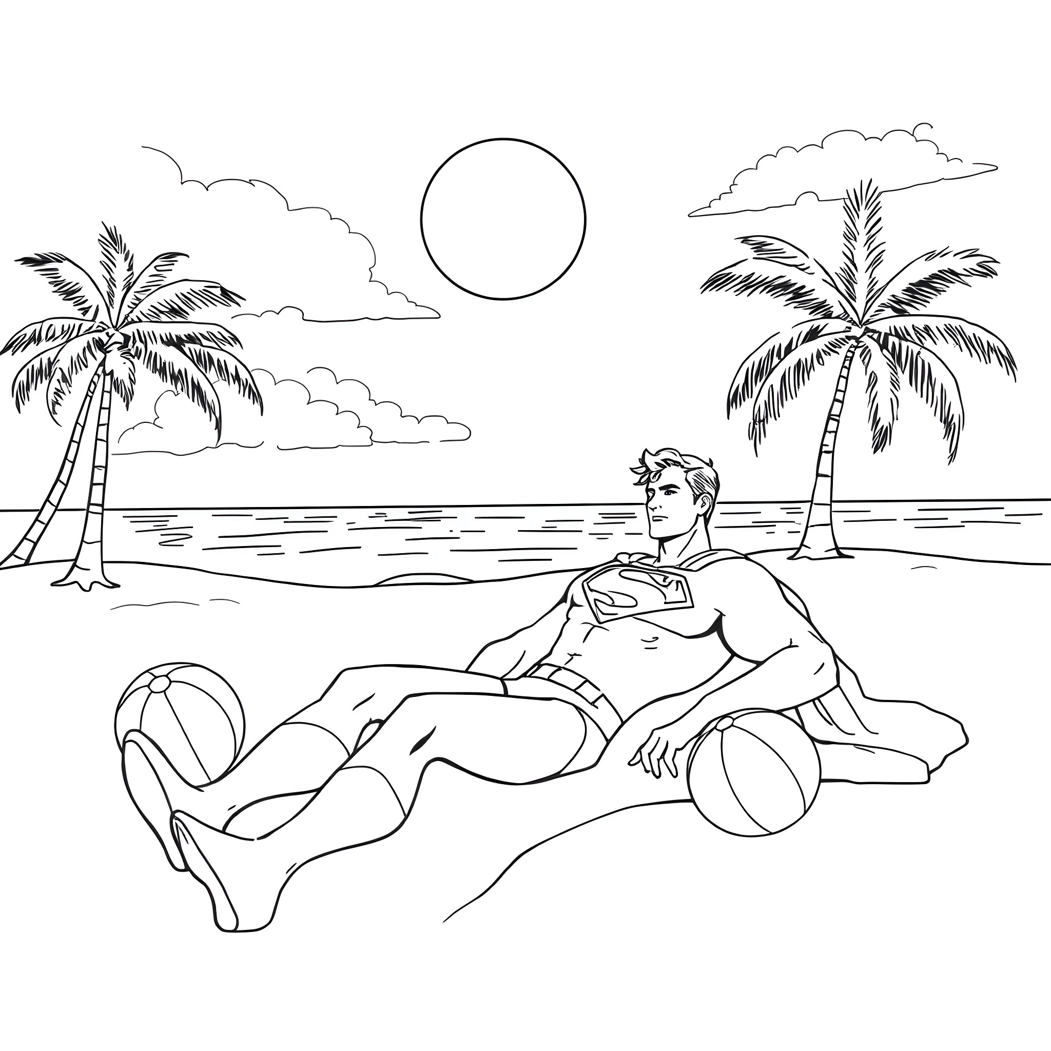 Superman relaxing on the beach under the sun Coloring Page (free black-and-white line drawing printable PDF for all, from beginners to advanced learners, including children, teens, adults, and seniors)