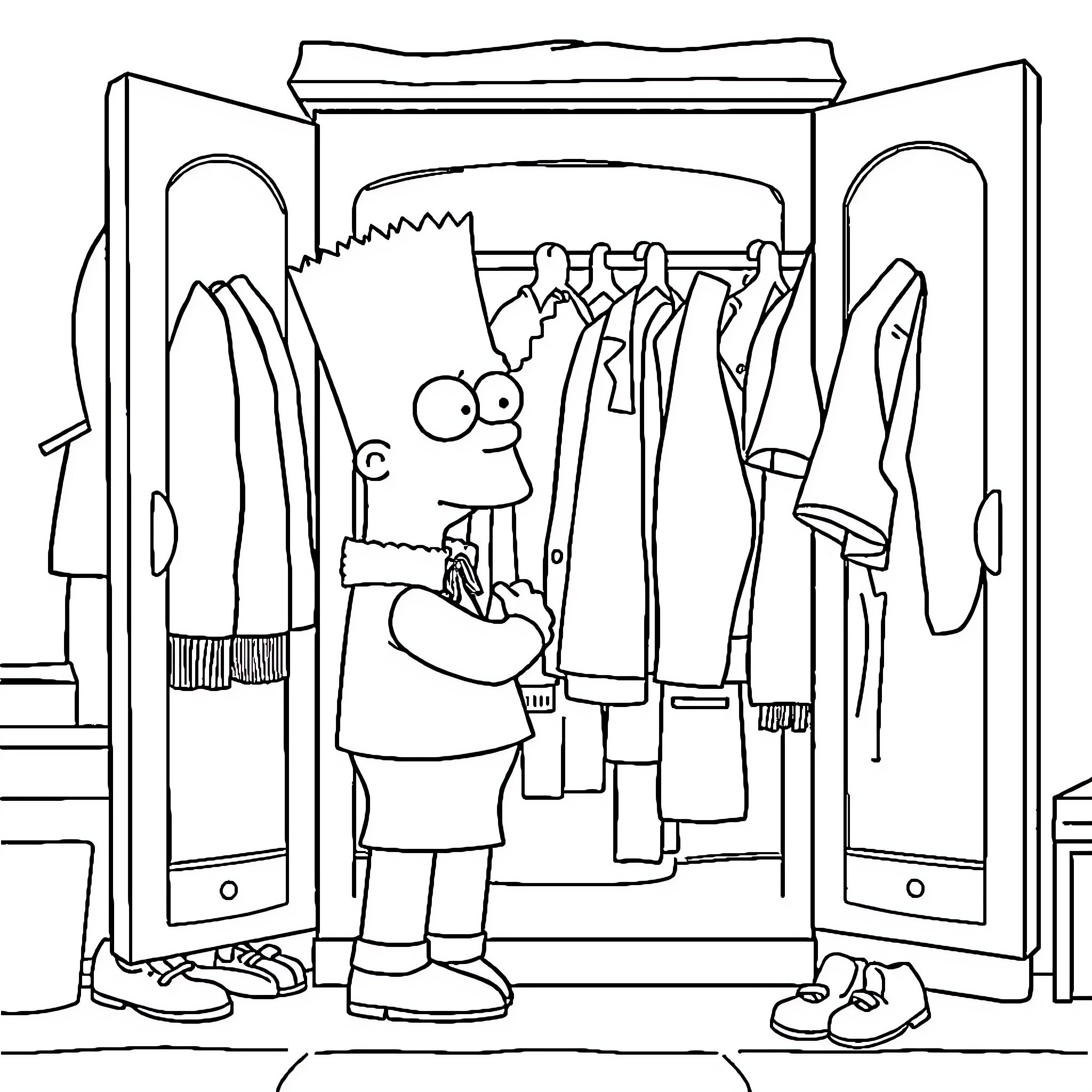 Bart Tries to Find the Right Outfit Coloring Page (free black-and-white line drawing printable PDF for all, from beginners to advanced learners, including children, teens, adults, and seniors)