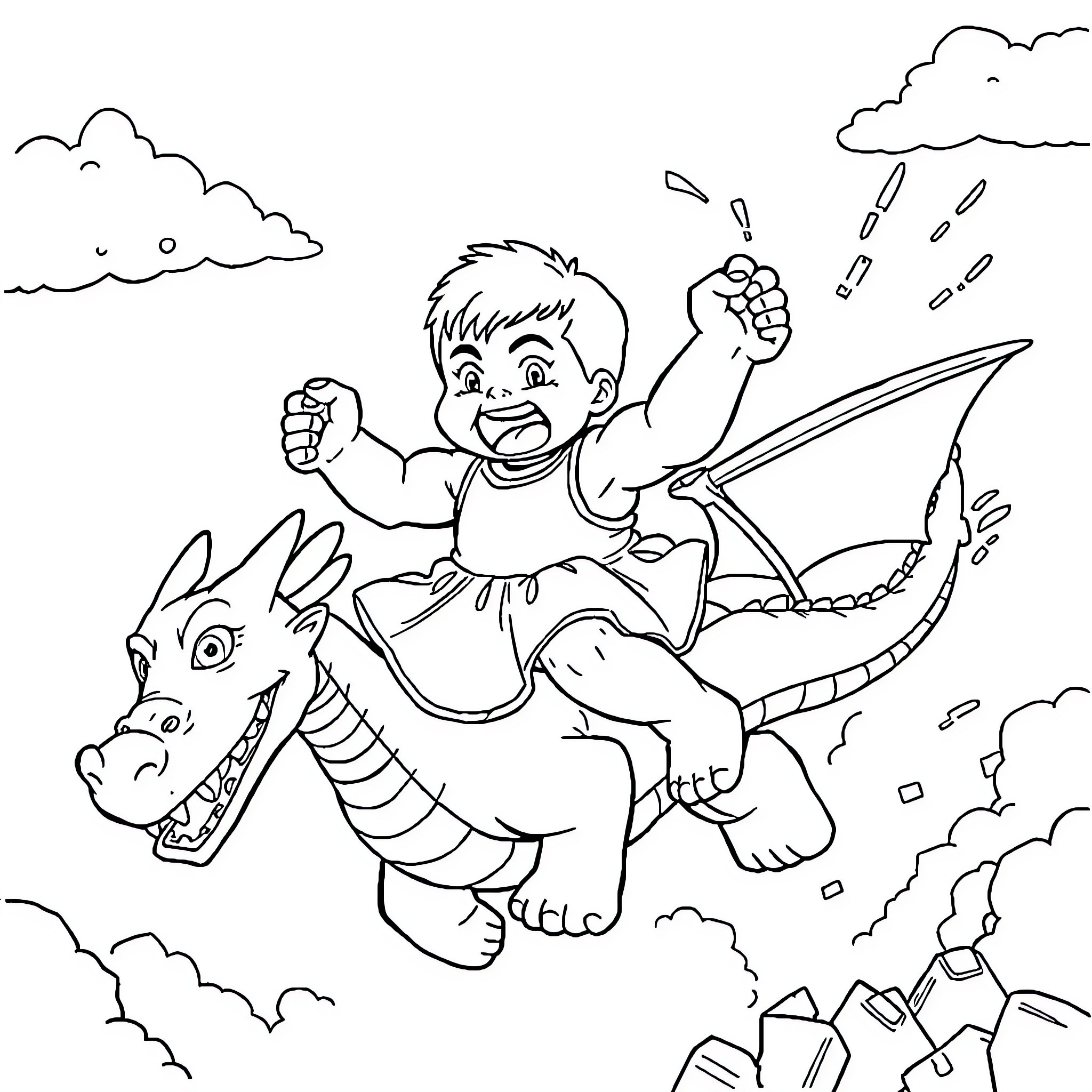 Hulk Riding a Fearsome Dragon in the Sky Coloring Page (free black-and-white line drawing printable PDF for all, from beginners to advanced learners, including children, teens, adults, and seniors)
