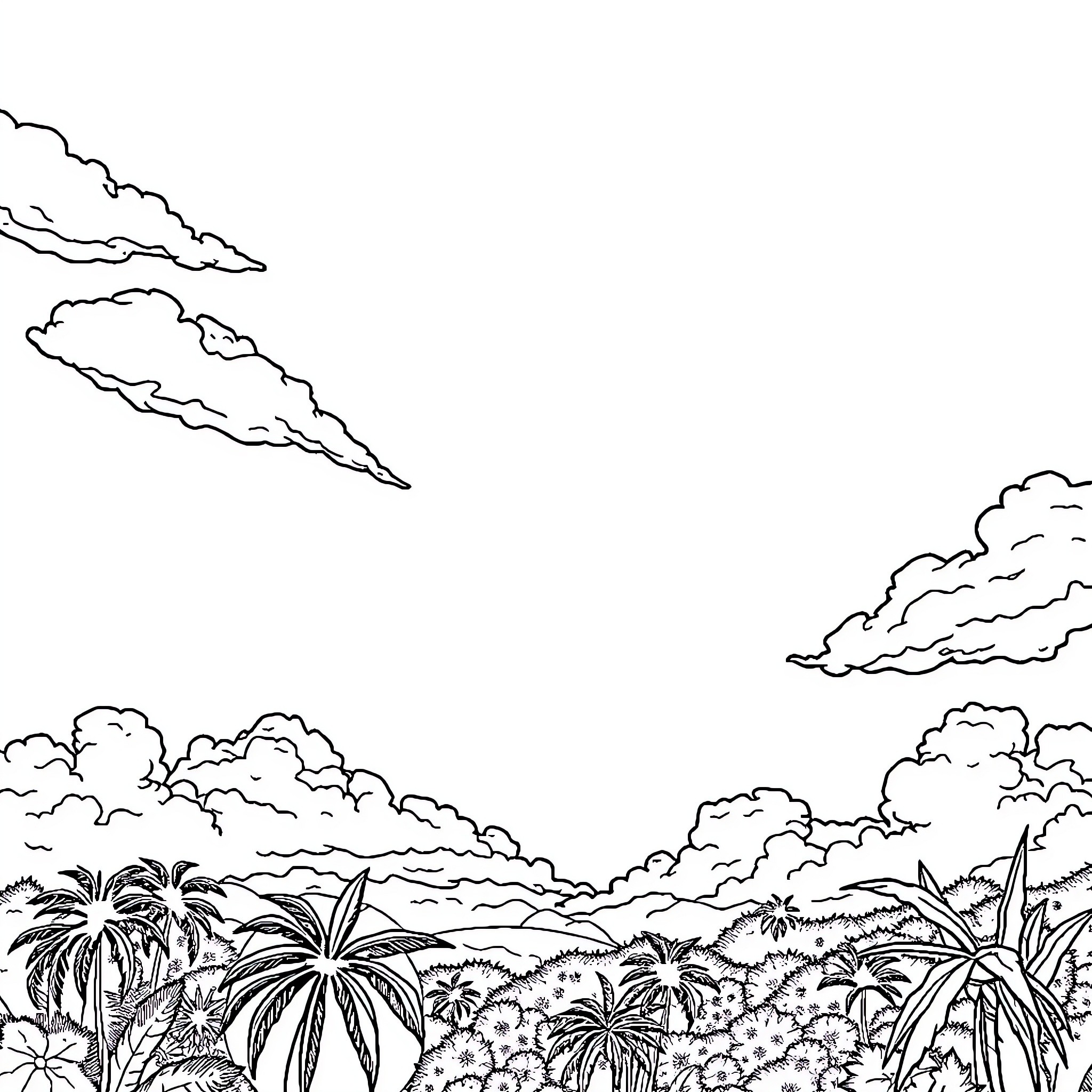 French Guyana landscape with tropical plants and clouds Coloring Page (free black-and-white line drawing printable PDF for all, from beginners to advanced learners, including children, teens, adults, and seniors)