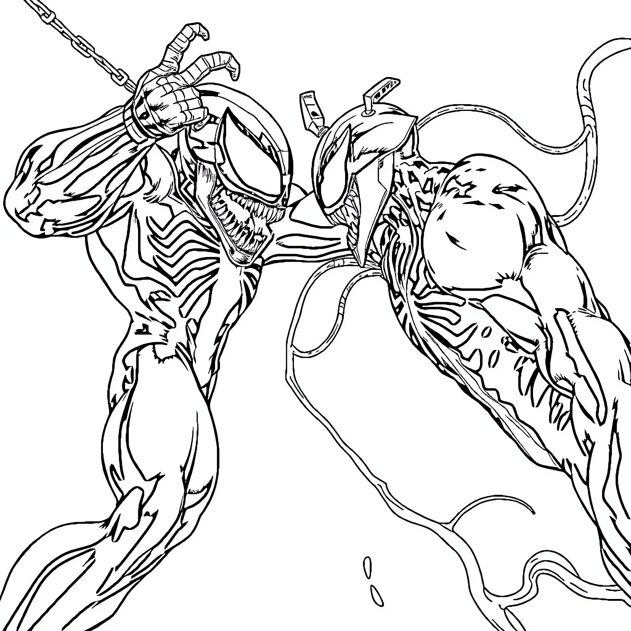 Spiderman battles a formidable alien symbiote Coloring Page (free black-and-white line drawing printable PDF for all, from beginners to advanced learners, including children, teens, adults, and seniors)