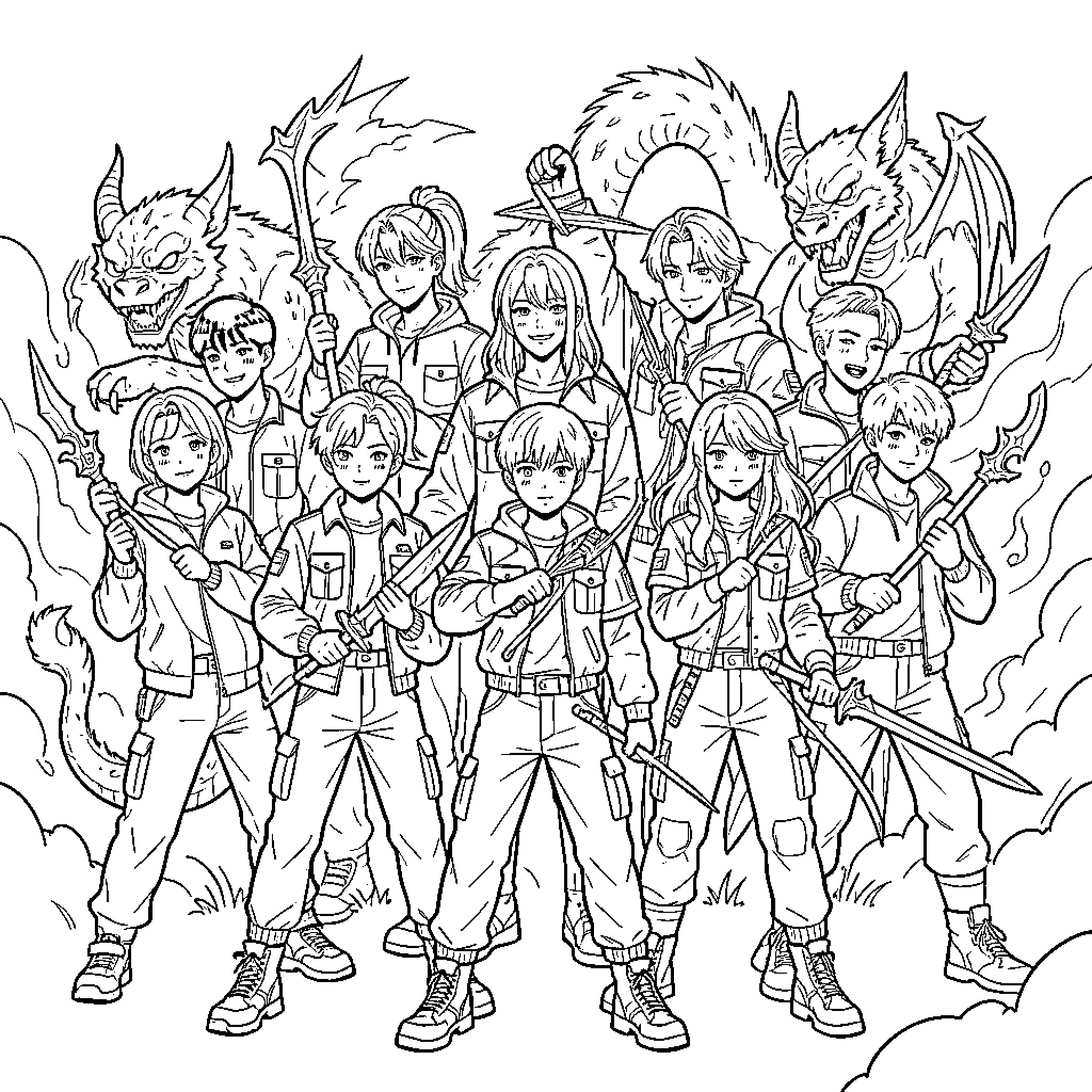Demon warriors posing together in a heroic group lineup Coloring Page (free black-and-white line drawing printable PDF for all, from beginners to advanced learners, including children, teens, adults, and seniors)