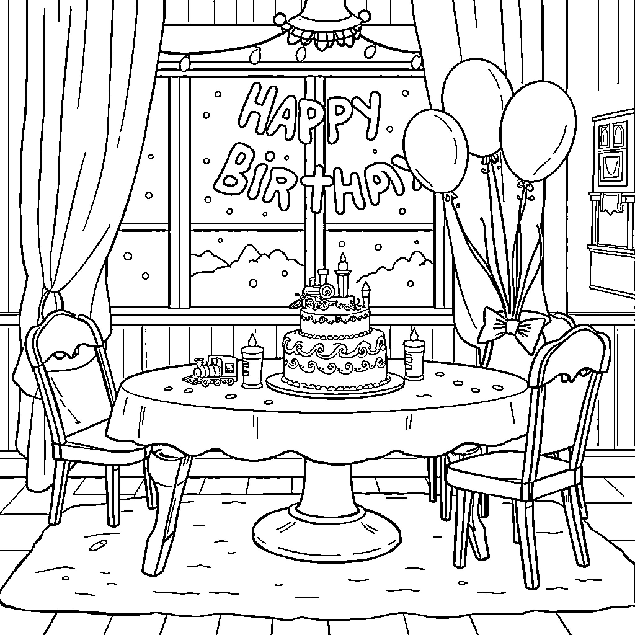 Polar Express: Birthday Celebration with Cake and Balloons Coloring Page (free black-and-white line drawing printable PDF for all, from beginners to advanced learners, including children, teens, adults, and seniors)