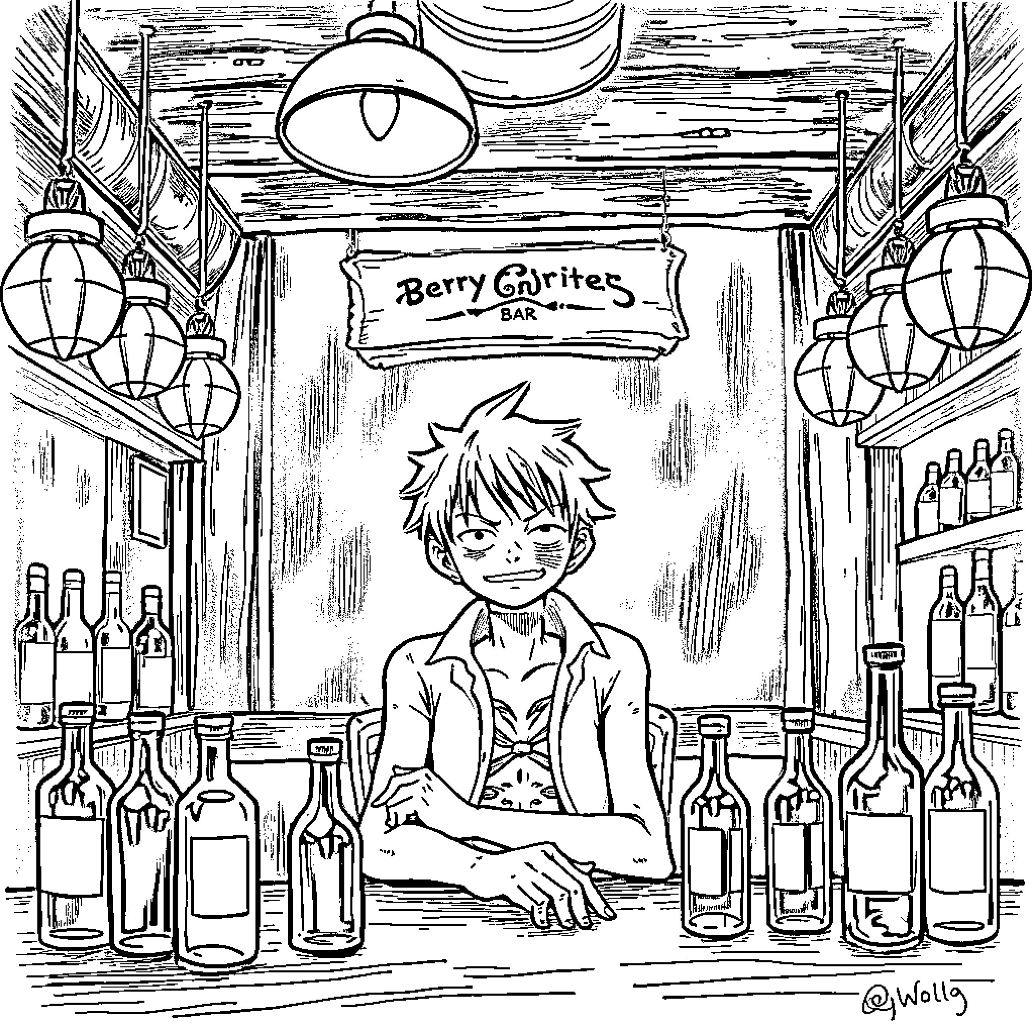 Luffy working at the Berry Go Ritas bar Coloring Page (free black-and-white line drawing printable PDF for all, from beginners to advanced learners, including children, teens, adults, and seniors)