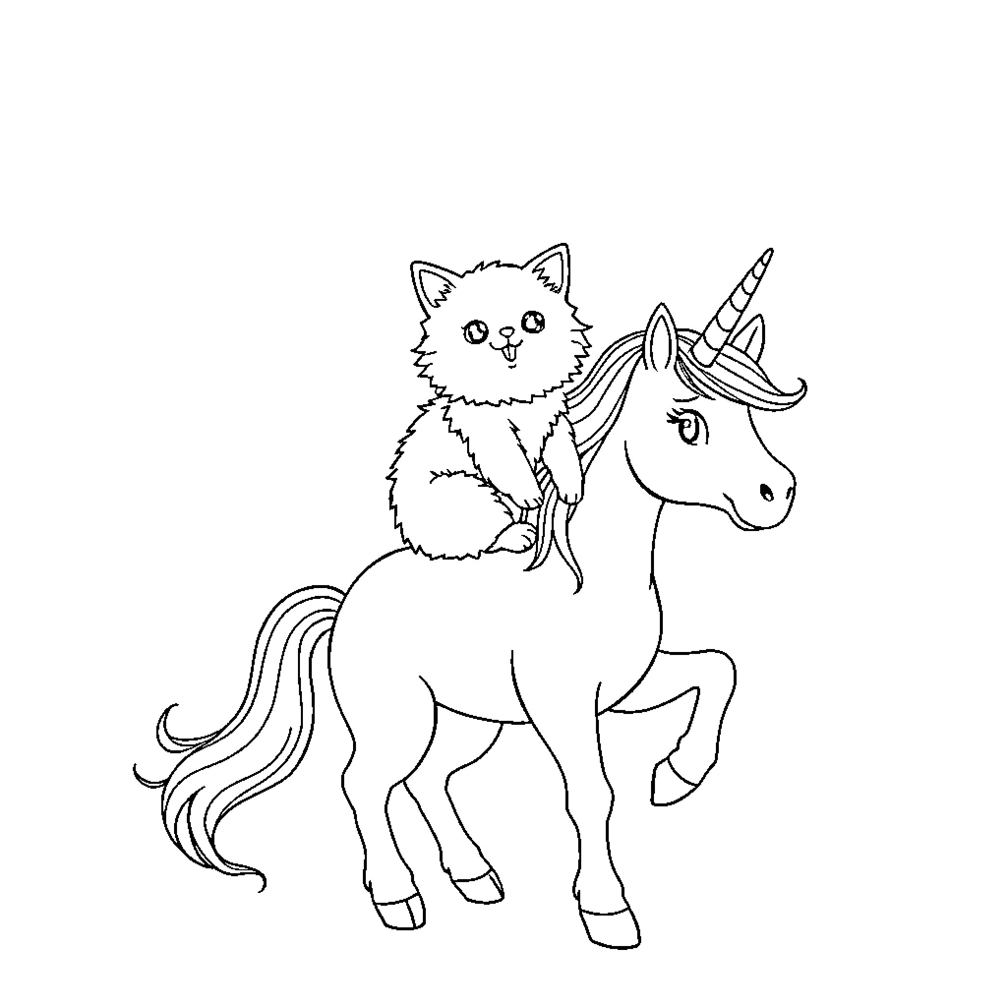Cat riding a unicorn Coloring Page (free black-and-white line drawing printable PDF for all, from beginners to advanced learners, including children, teens, adults, and seniors)