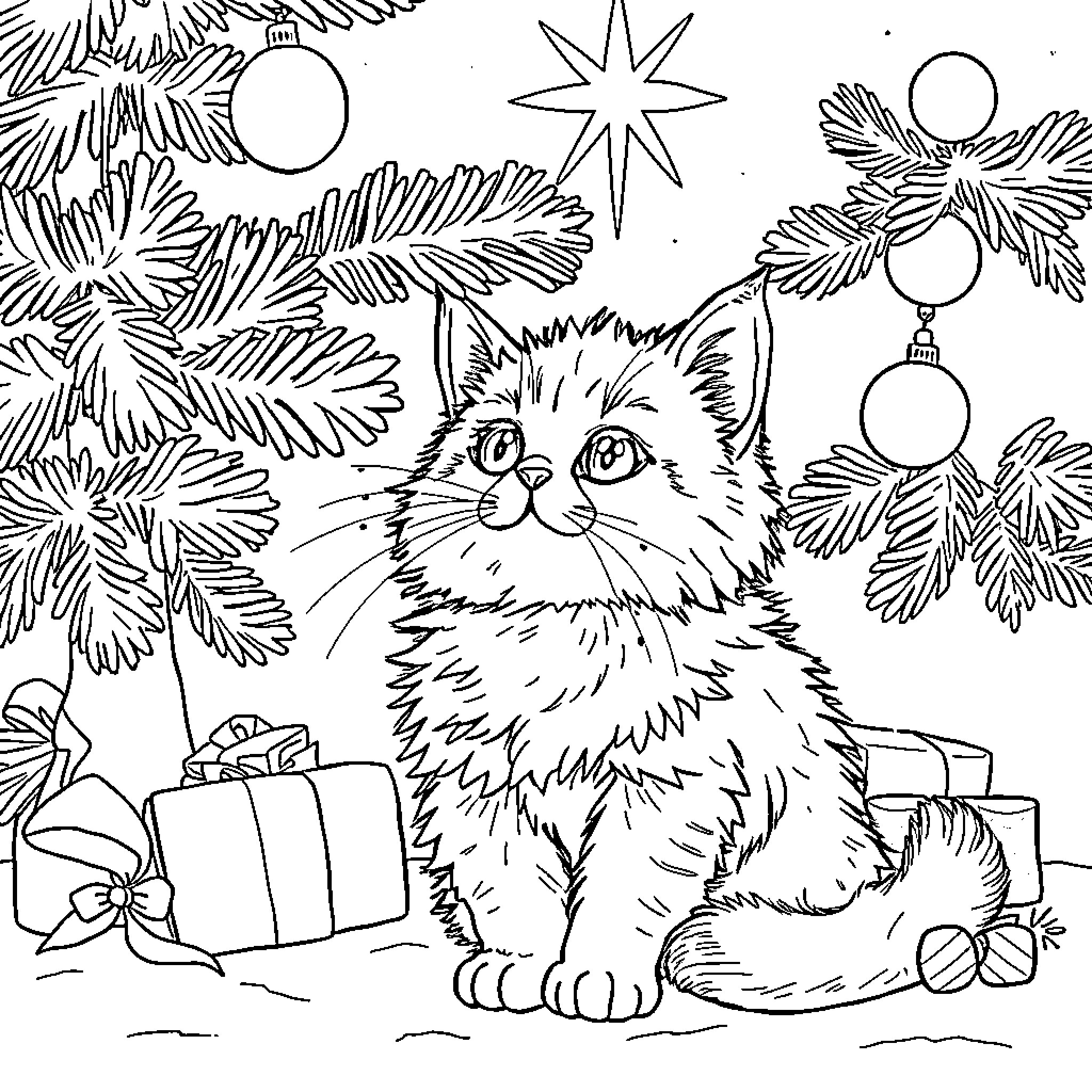 Cat enjoying Christmas decorations and gifts Coloring Page (free black-and-white line drawing printable PDF for all, from beginners to advanced learners, including children, teens, adults, and seniors)