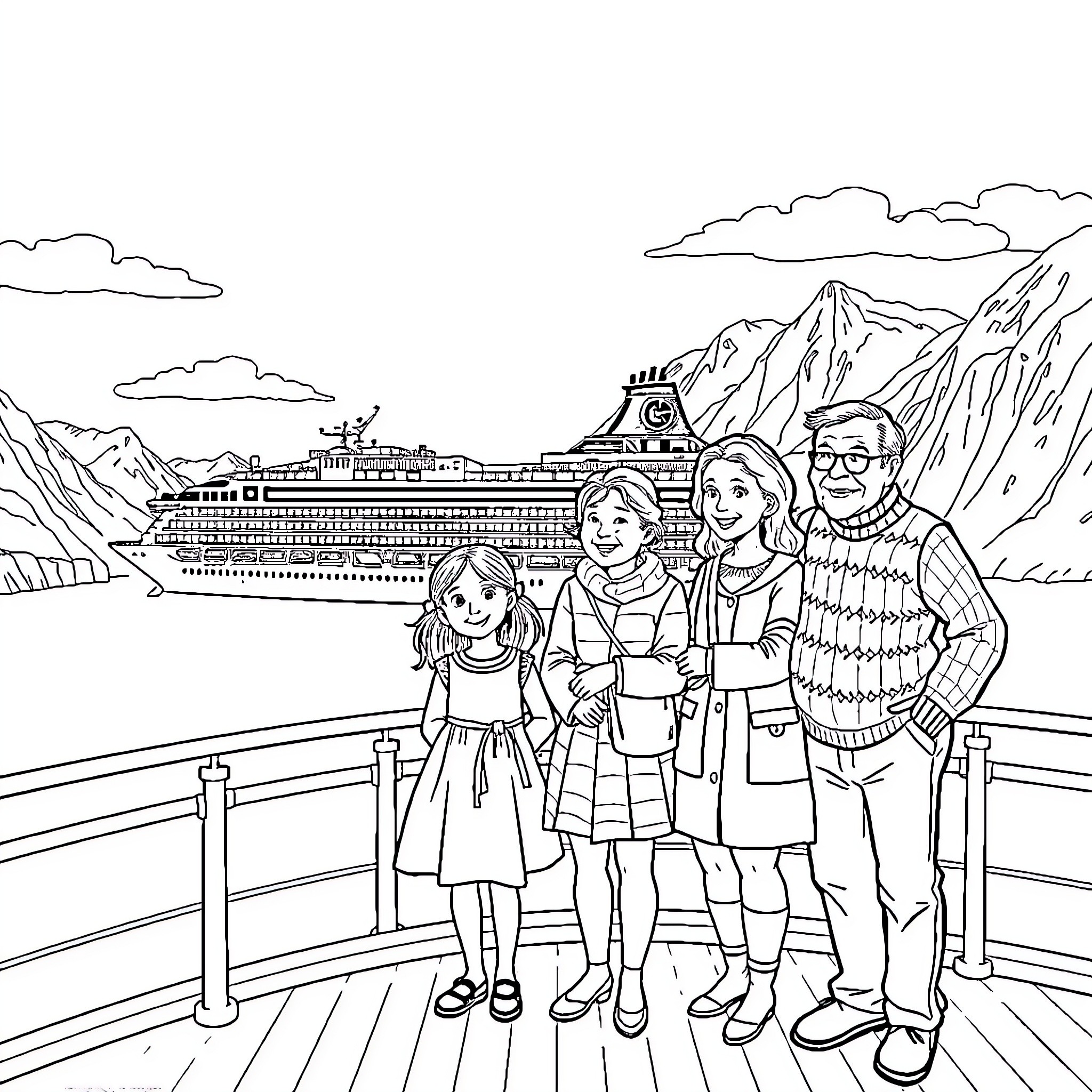 Aida Nova Family Vacationing on Cruise Ship Coloring Page (free black-and-white line drawing printable PDF for all, from beginners to advanced learners, including children, teens, adults, and seniors)