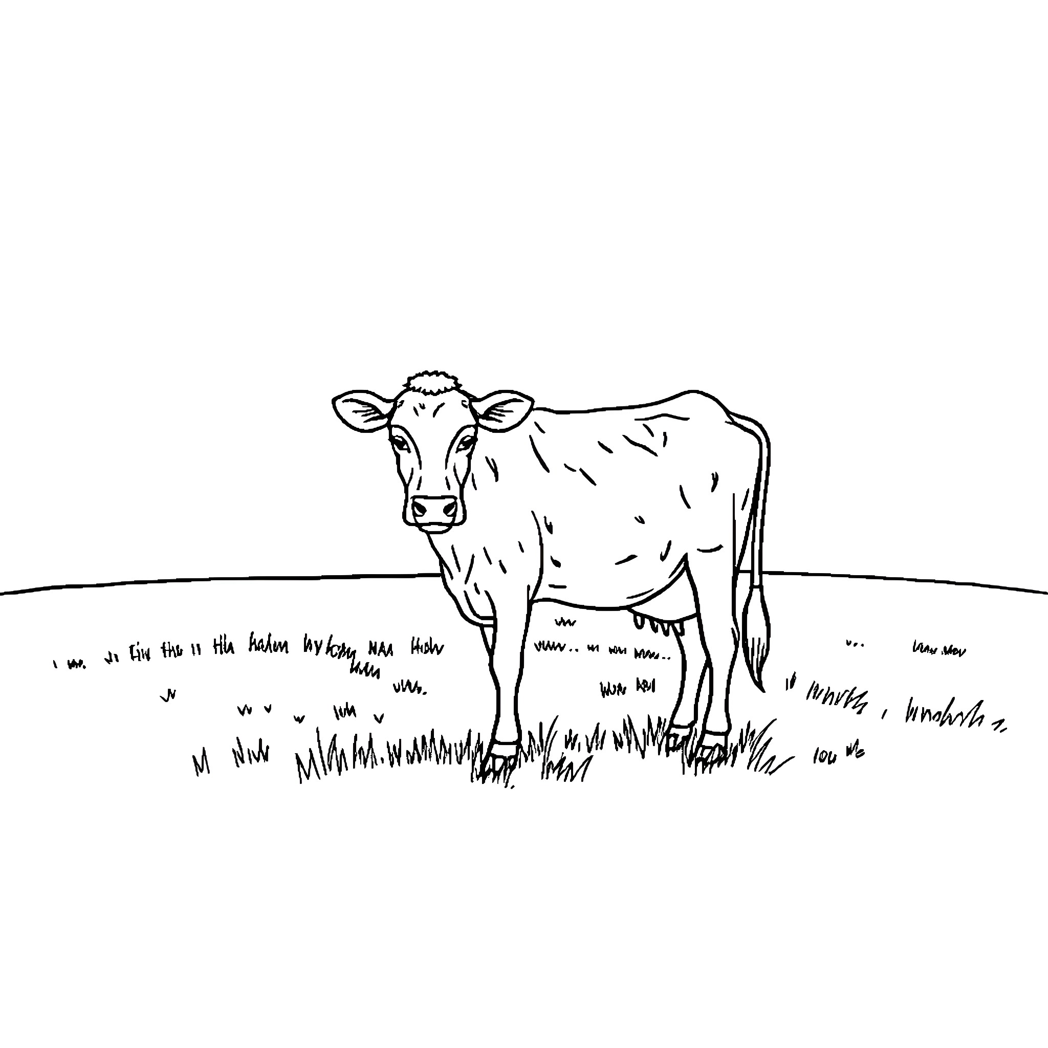 Cow standing in a field of grass Coloring Page (free black-and-white line drawing printable PDF for all, from beginners to advanced learners, including children, teens, adults, and seniors)