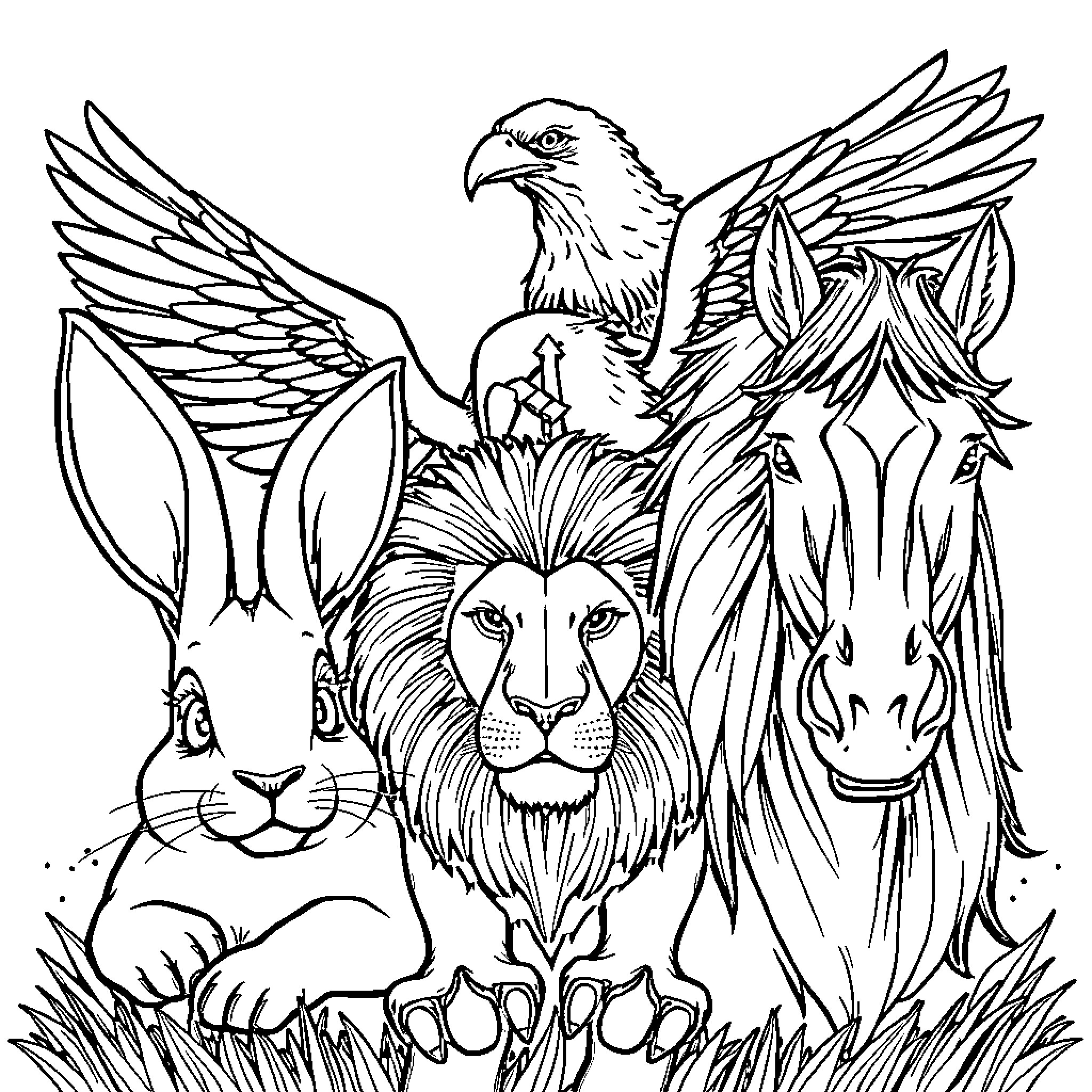 Mythical Creatures Interacting in Lush Wilderness Coloring Page (free black-and-white line drawing printable PDF for all, from beginners to advanced learners, including children, teens, adults, and seniors)