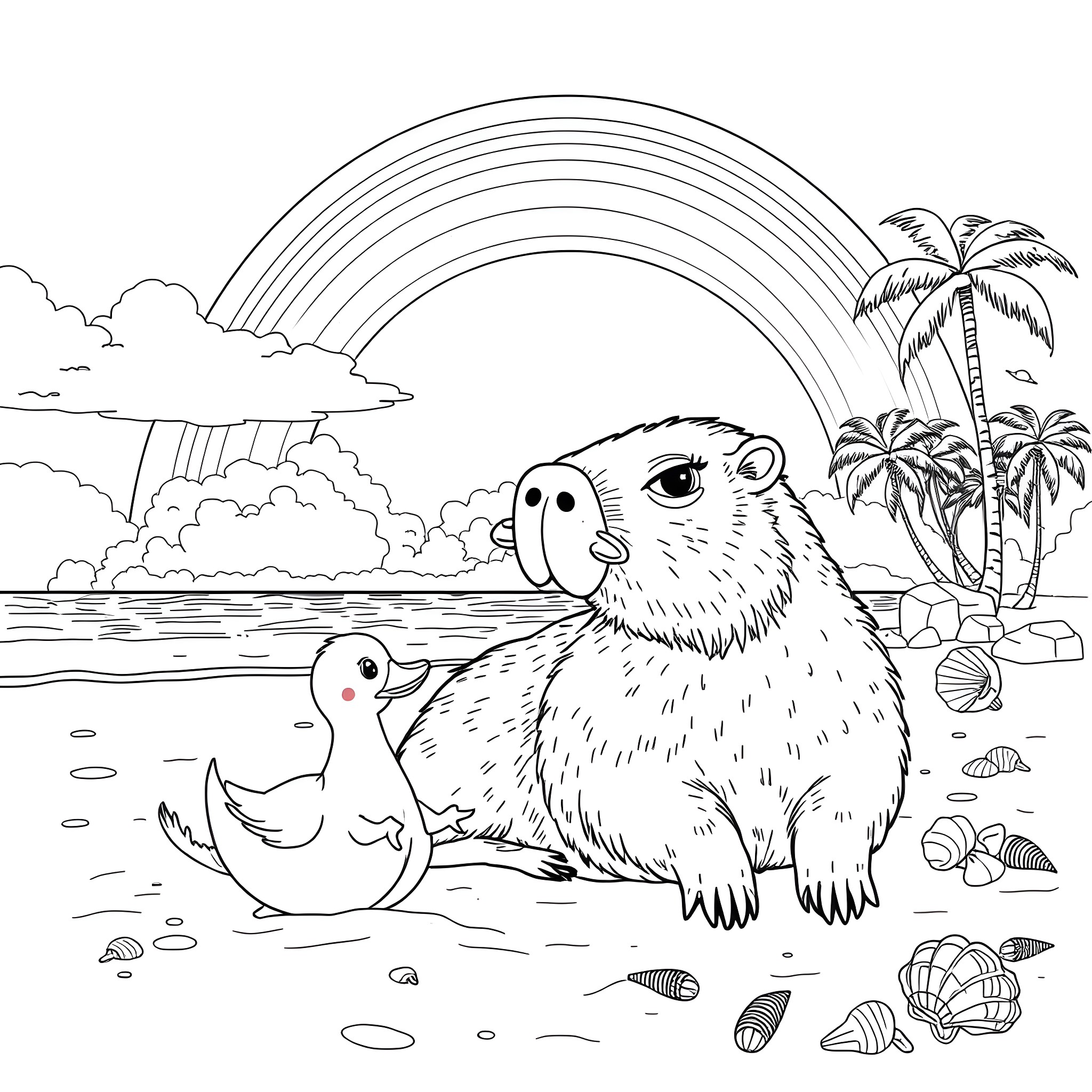 Capybara enjoying a tropical beach with a duck companion Coloring Page (free black-and-white line drawing printable PDF for all, from beginners to advanced learners, including children, teens, adults, and seniors)