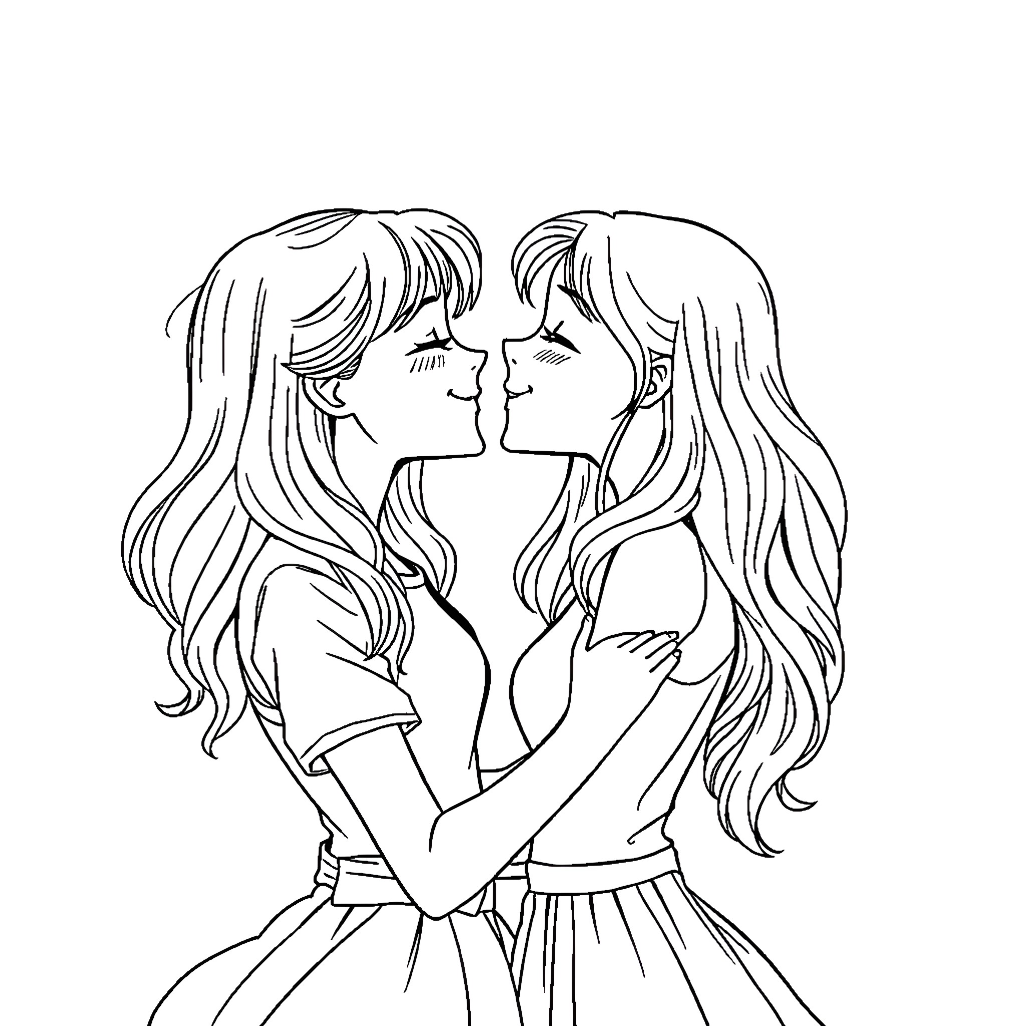 Girls embracing tenderly in intimate moment Coloring Page (free black-and-white line drawing printable PDF for all, from beginners to advanced learners, including children, teens, adults, and seniors)