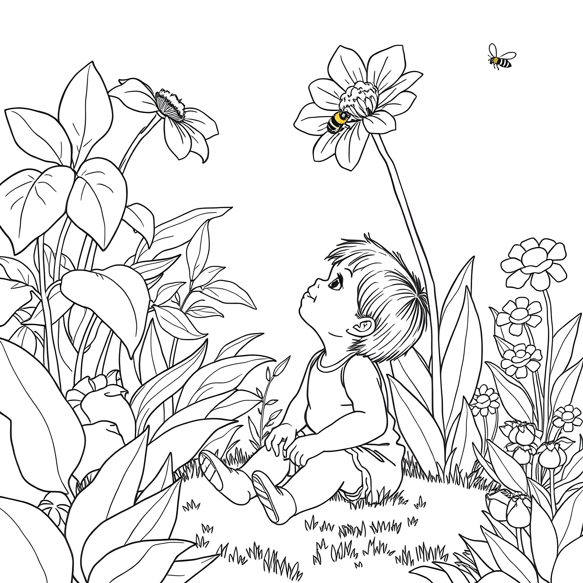 Toddler enjoying the natural surroundings among flowers and plants Coloring Page (free black-and-white line drawing printable PDF for all, from beginners to advanced learners, including children, teens, adults, and seniors)