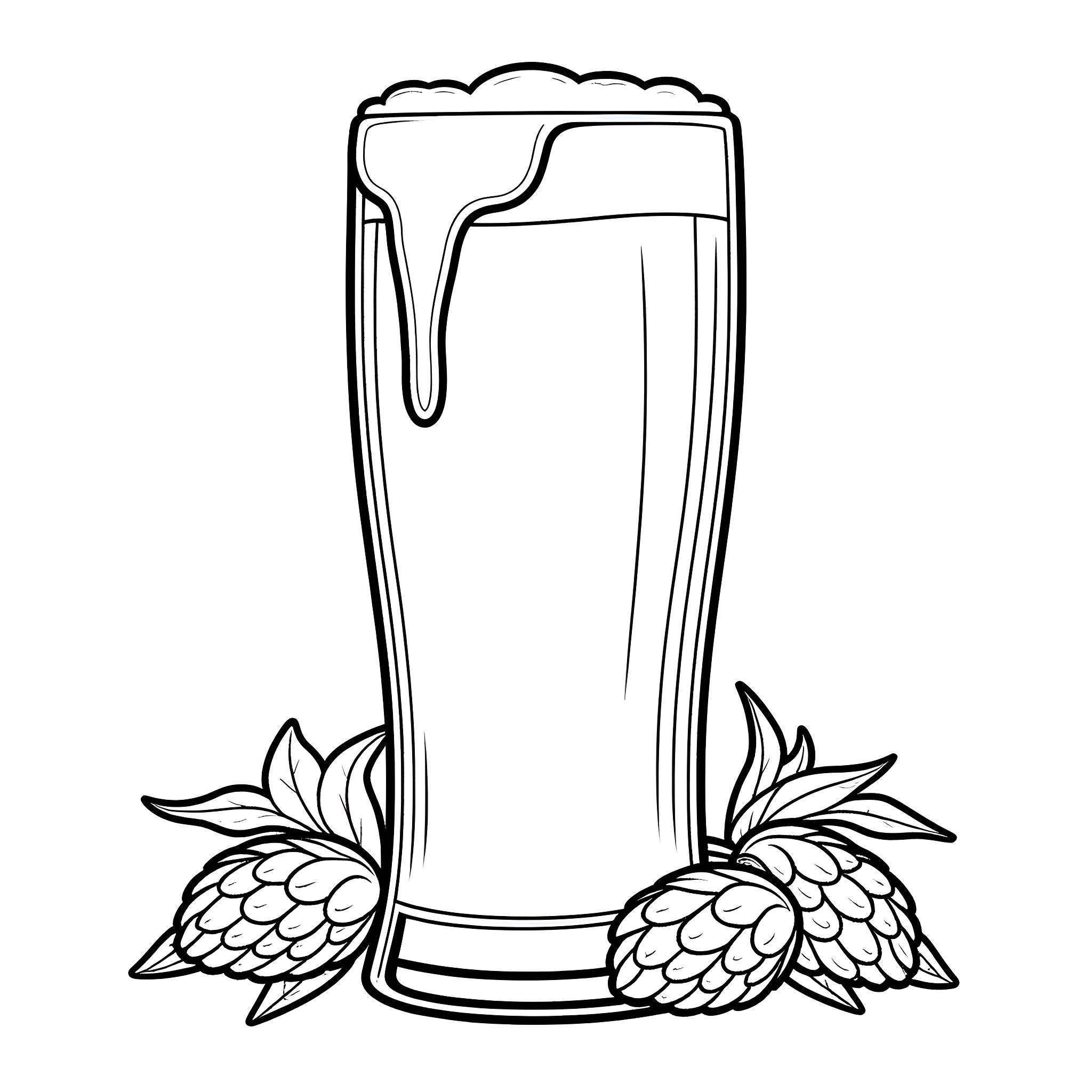 Beer glass with hop flowers Coloring Page (free black-and-white line drawing printable PDF for all, from beginners to advanced learners, including children, teens, adults, and seniors)