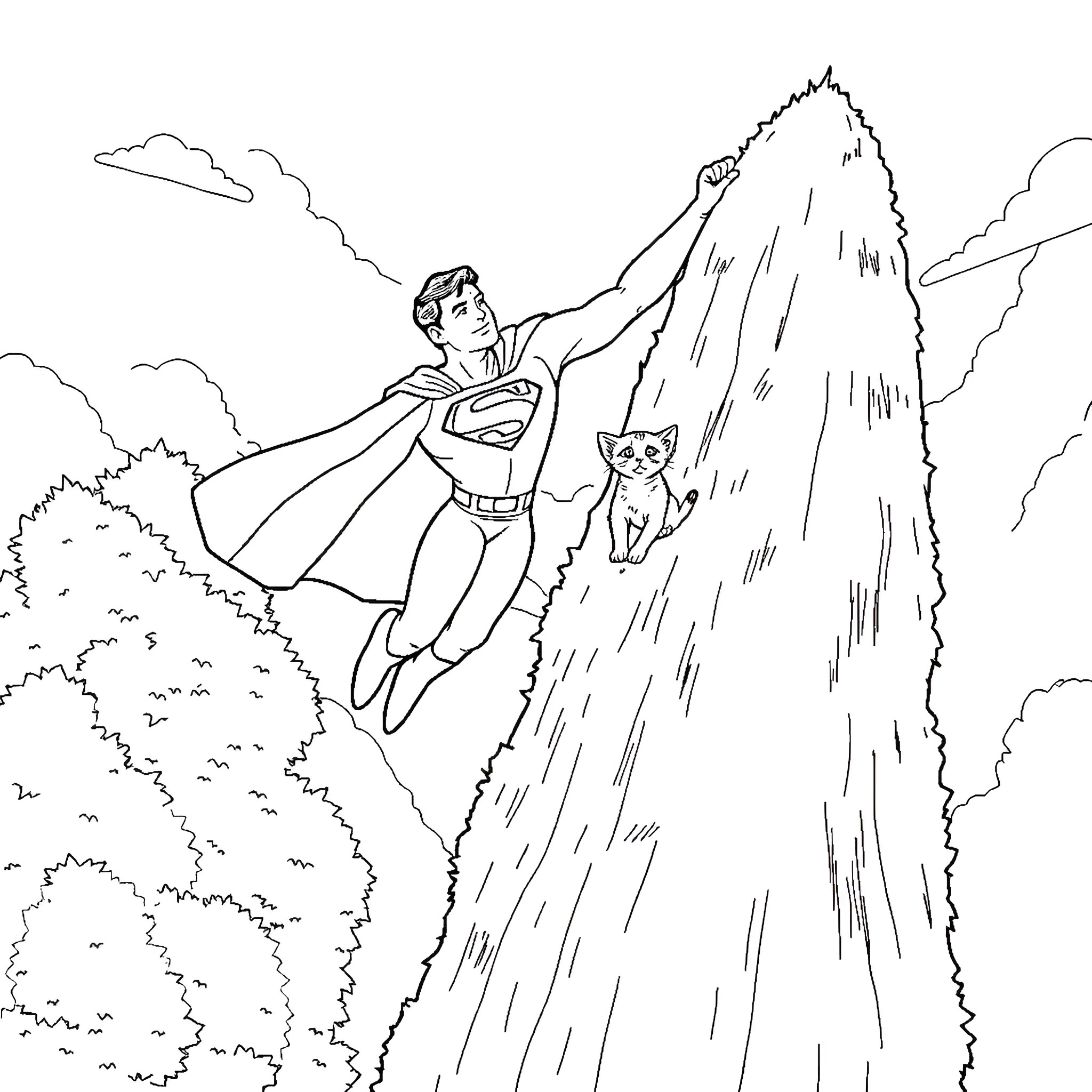 Superman flying heroically with a cat Coloring Page (free black-and-white line drawing printable PDF for all, from beginners to advanced learners, including children, teens, adults, and seniors)