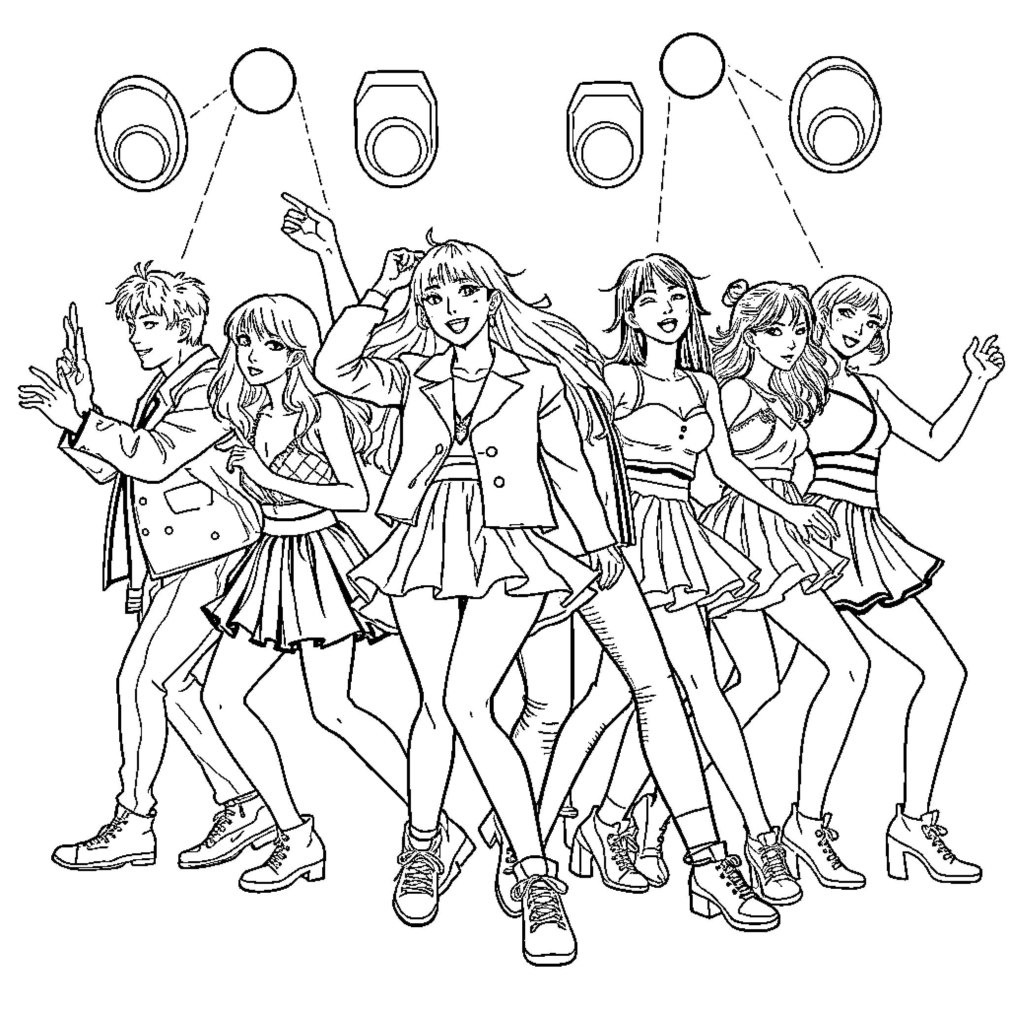 K Pop Dancers Performing Energetic Choreography Coloring Page (free black-and-white line drawing printable PDF for all, from beginners to advanced learners, including children, teens, adults, and seniors)