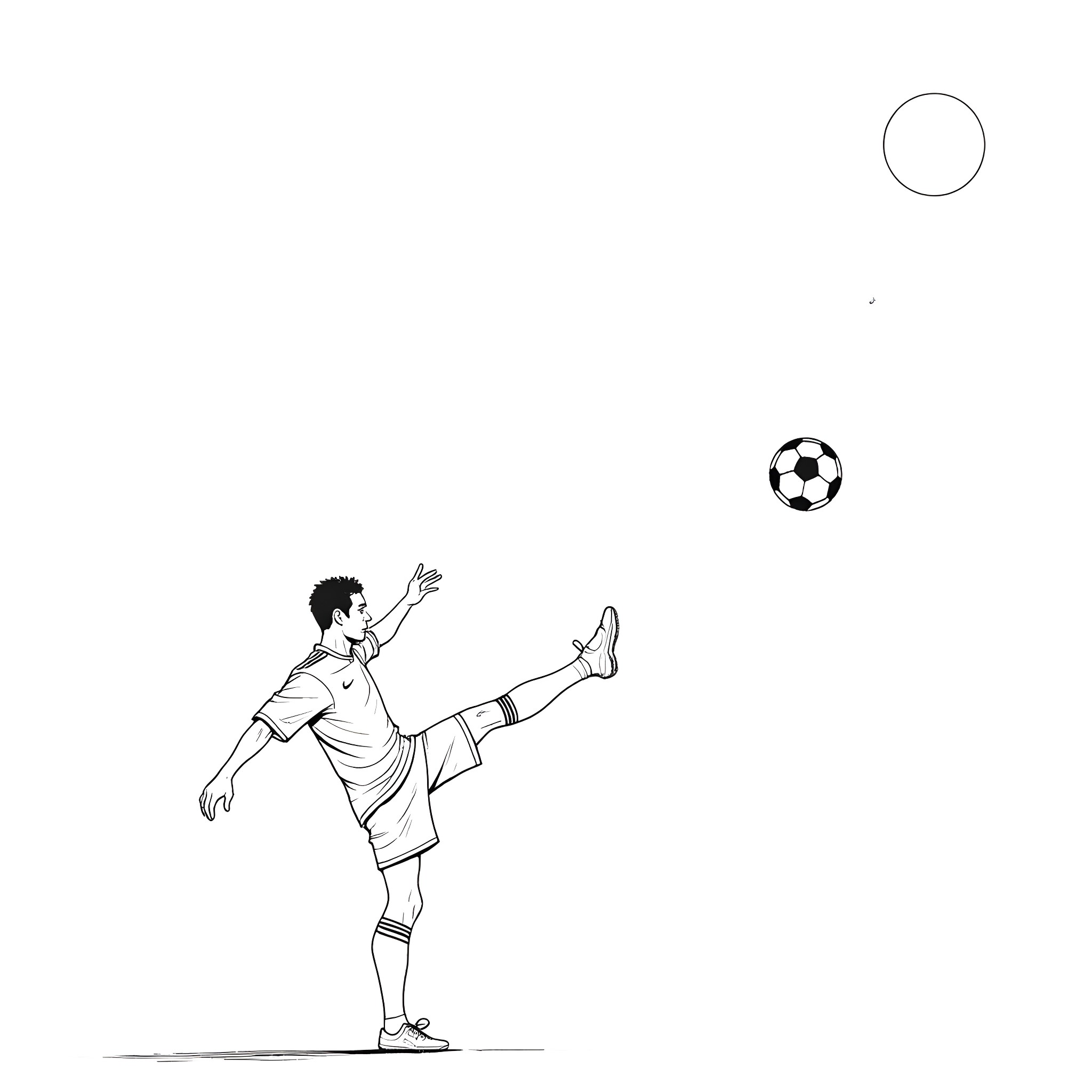 Ronaldo kicking soccer ball in the field Coloring Page (free black-and-white line drawing printable PDF for all, from beginners to advanced learners, including children, teens, adults, and seniors)
