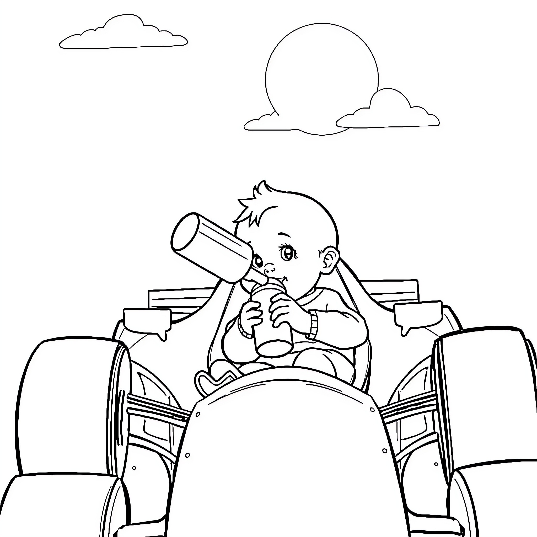 Baby driving a race car happily Coloring Page (free black-and-white line drawing printable PDF for all, from beginners to advanced learners, including children, teens, adults, and seniors)