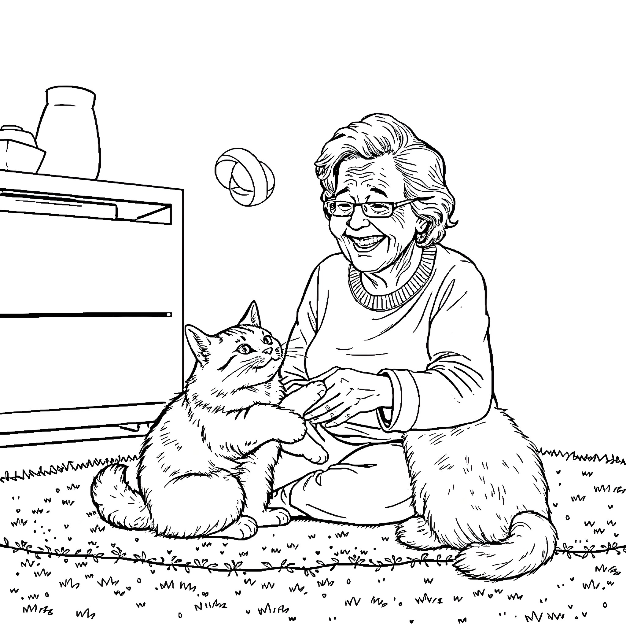 Cat comforting elderly woman in cozy home Coloring Page (free black-and-white line drawing printable PDF for all, from beginners to advanced learners, including children, teens, adults, and seniors)