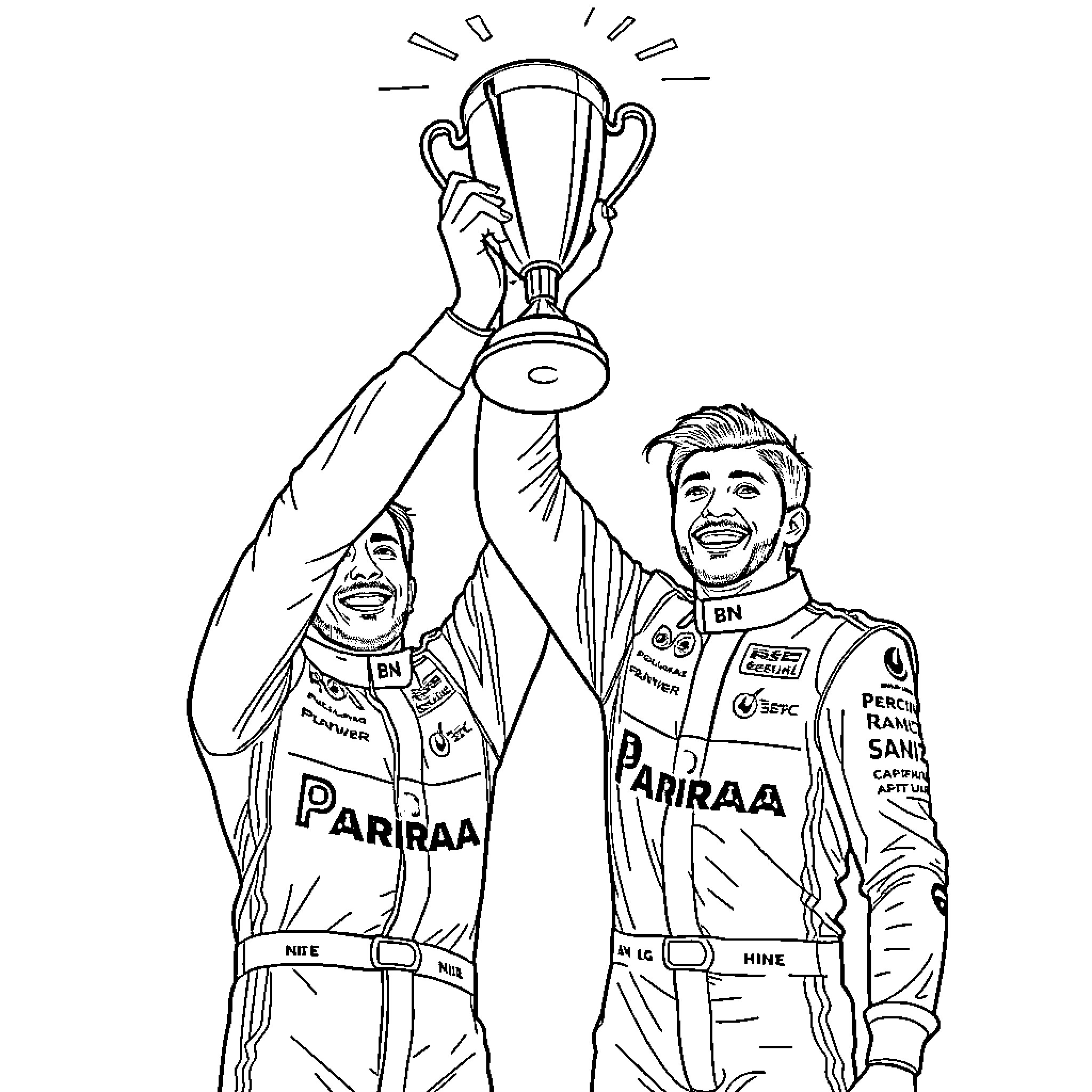 Charles Leclerc celebrating victory with trophy Coloring Page (free black-and-white line drawing printable PDF for all, from beginners to advanced learners, including children, teens, adults, and seniors)