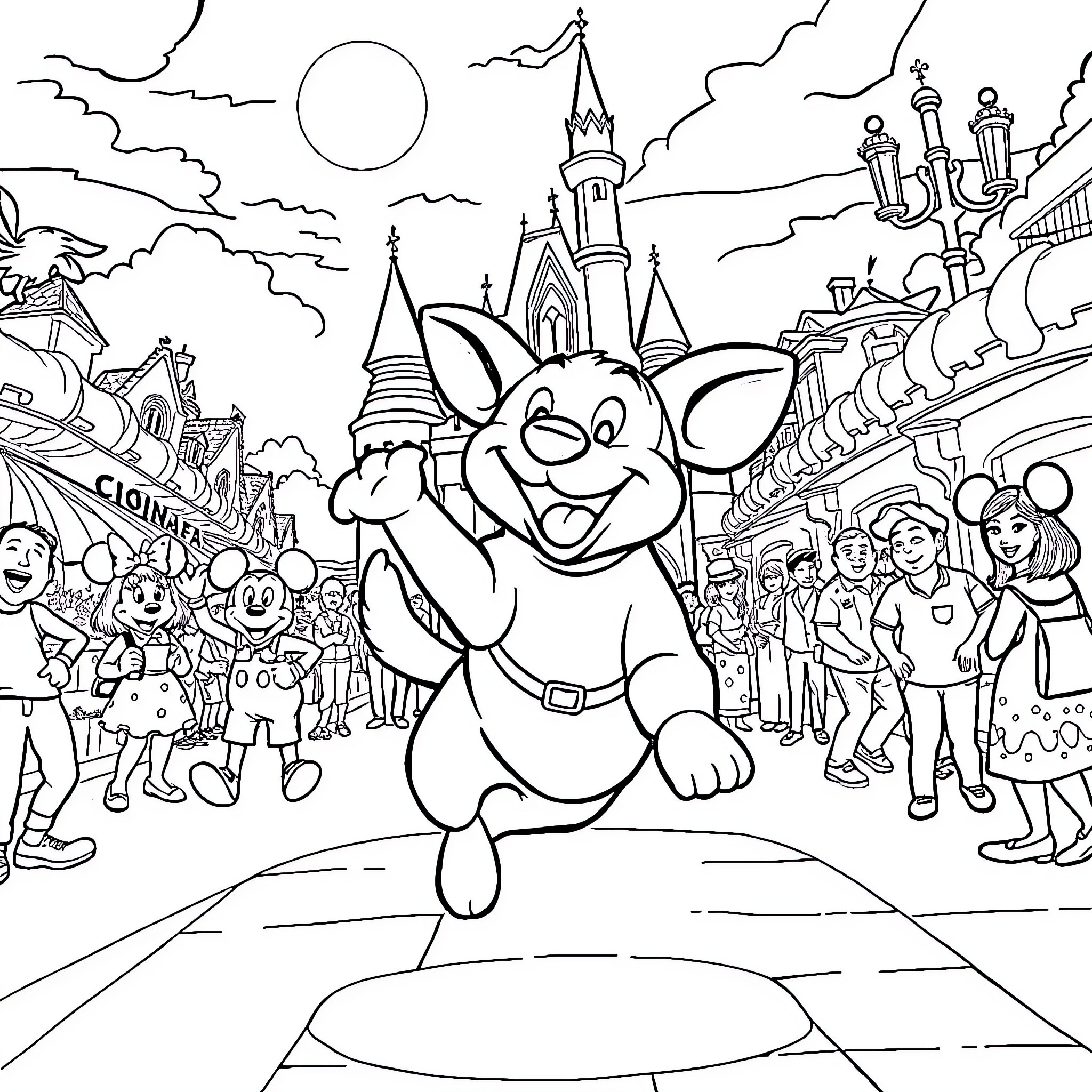 Dog enjoying the carnival at a fantasy castle Coloring Page (free black-and-white line drawing printable PDF for all, from beginners to advanced learners, including children, teens, adults, and seniors)