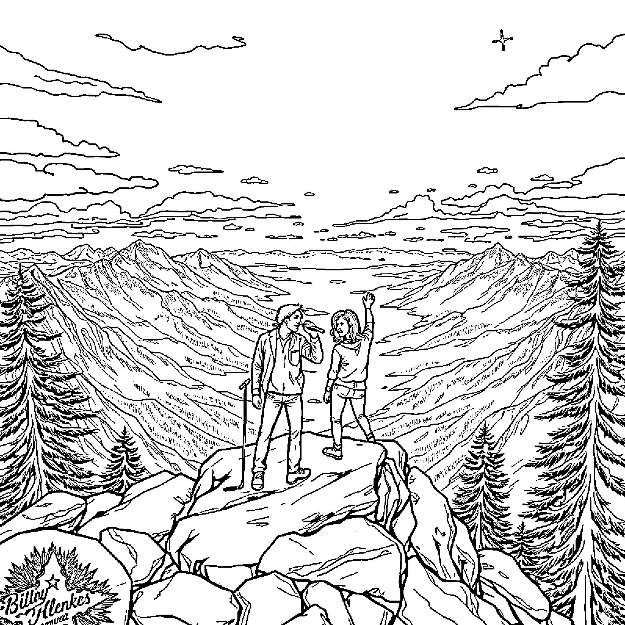Aerosmith performing on a scenic mountain vista Coloring Page (free black-and-white line drawing printable PDF for all, from beginners to advanced learners, including children, teens, adults, and seniors)