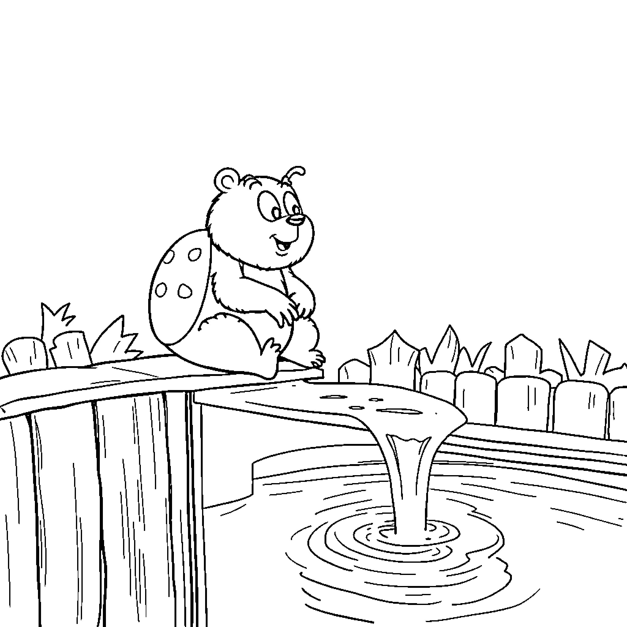 Bugbear sitting on a bridge over a lake Coloring Page (free black-and-white line drawing printable PDF for all, from beginners to advanced learners, including children, teens, adults, and seniors)