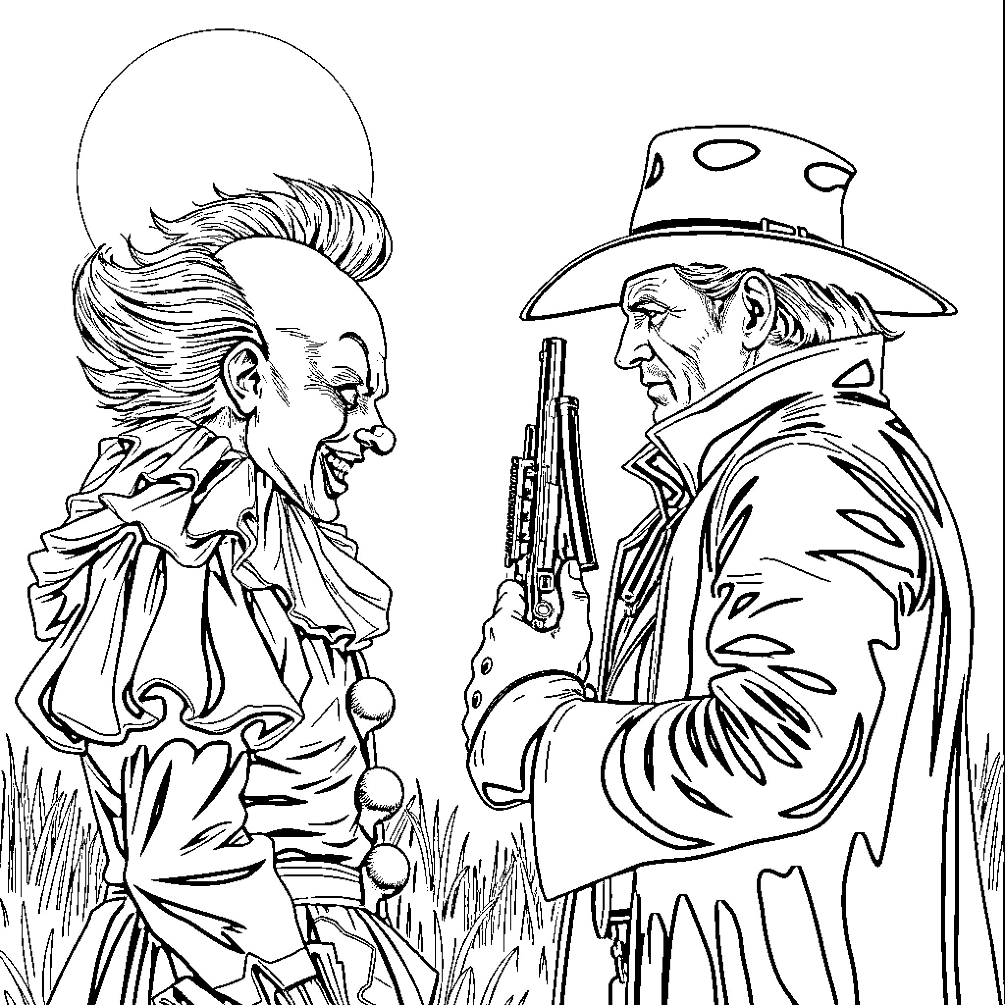 Pennywise Confronts a Mysterious Cowboy Figure Coloring Page (free black-and-white line drawing printable PDF for all, from beginners to advanced learners, including children, teens, adults, and seniors)