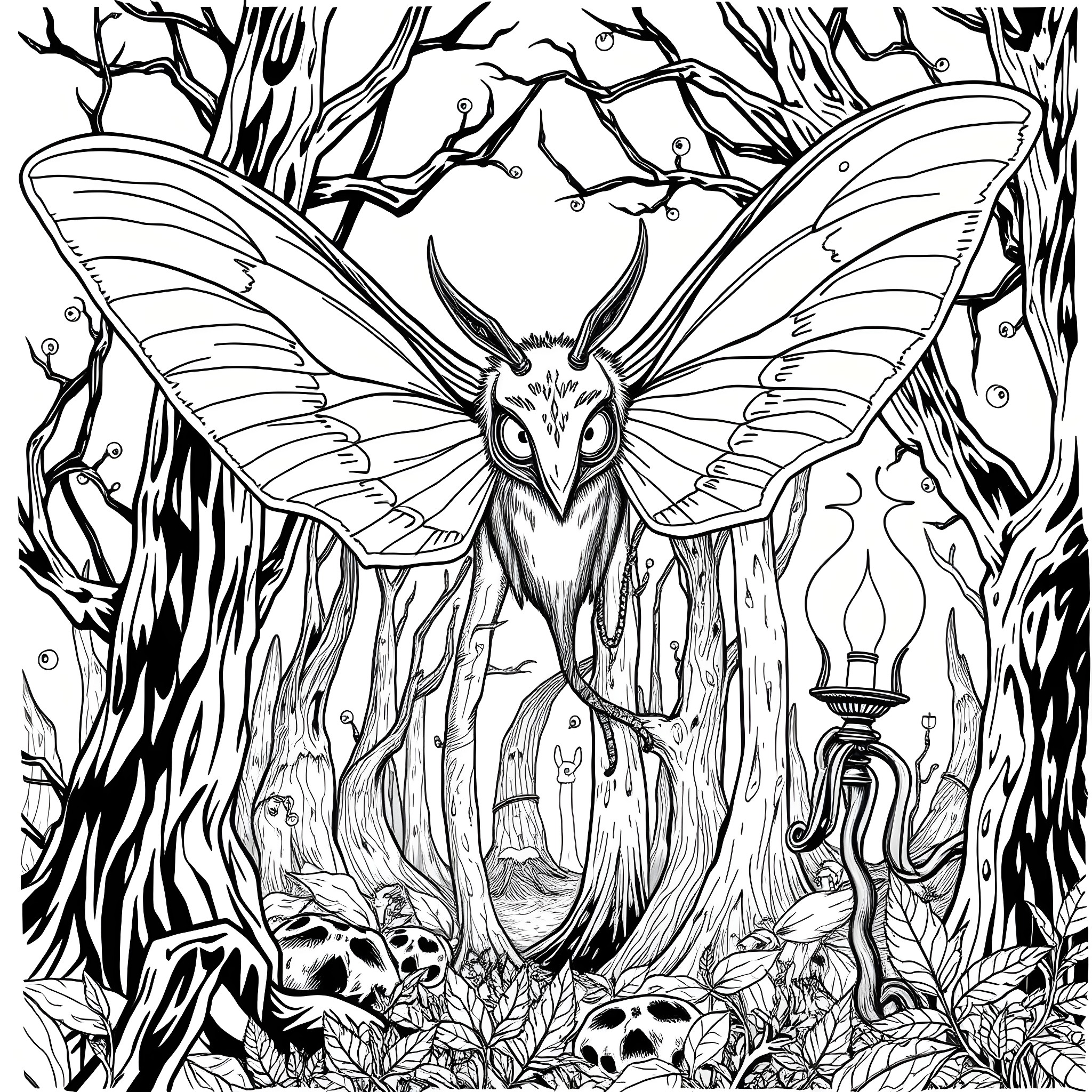 Mothman rises from the dark forest canopy Coloring Page (free black-and-white line drawing printable PDF for all, from beginners to advanced learners, including children, teens, adults, and seniors)