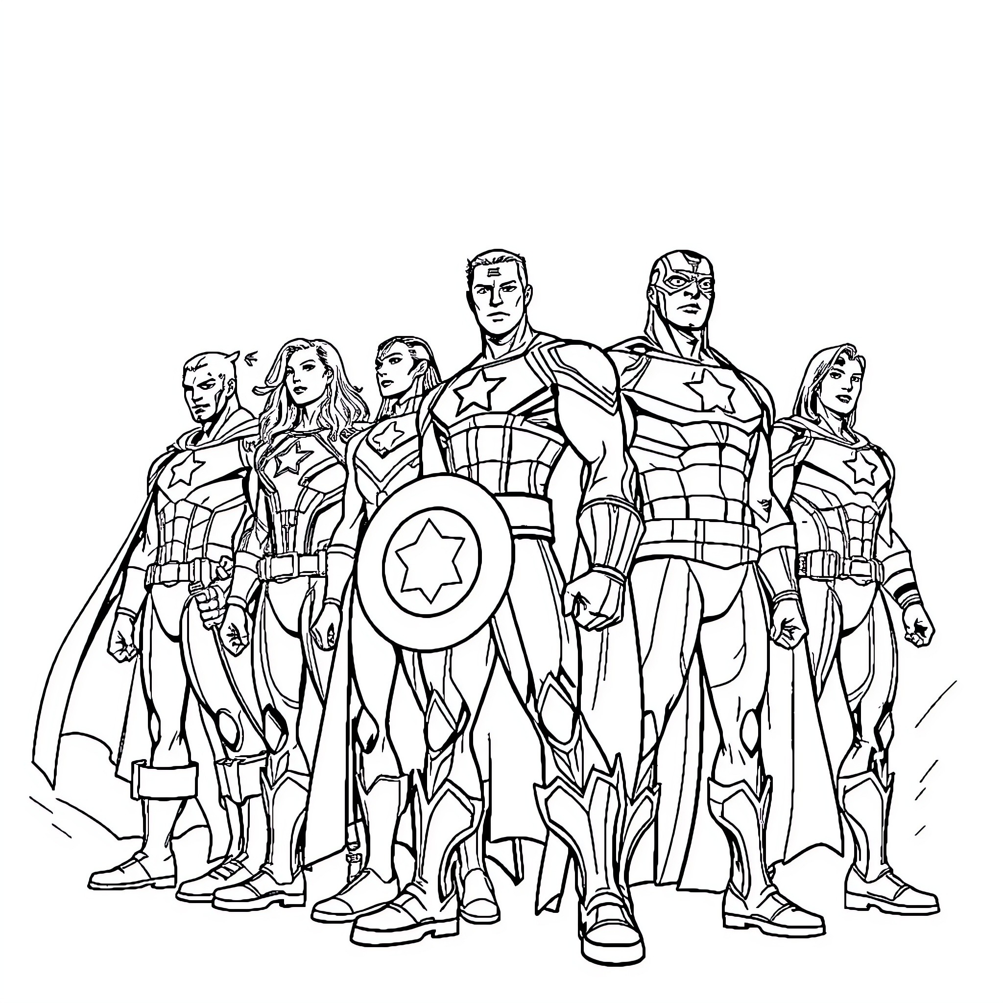 Avenger heroes assembled in heroic poses Coloring Page (free black-and-white line drawing printable PDF for all, from beginners to advanced learners, including children, teens, adults, and seniors)