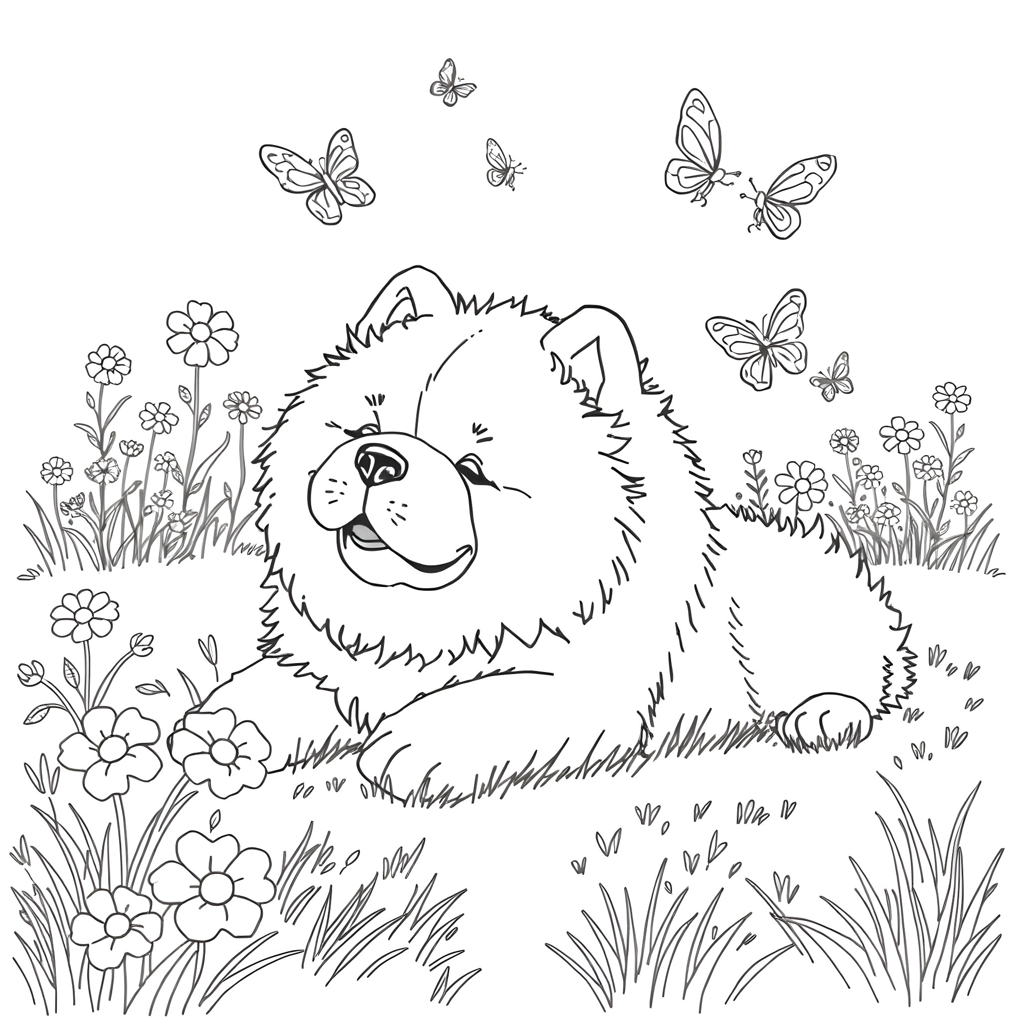Chow Chow playing in a flowery meadow Coloring Page (free black-and-white line drawing printable PDF for all, from beginners to advanced learners, including children, teens, adults, and seniors)