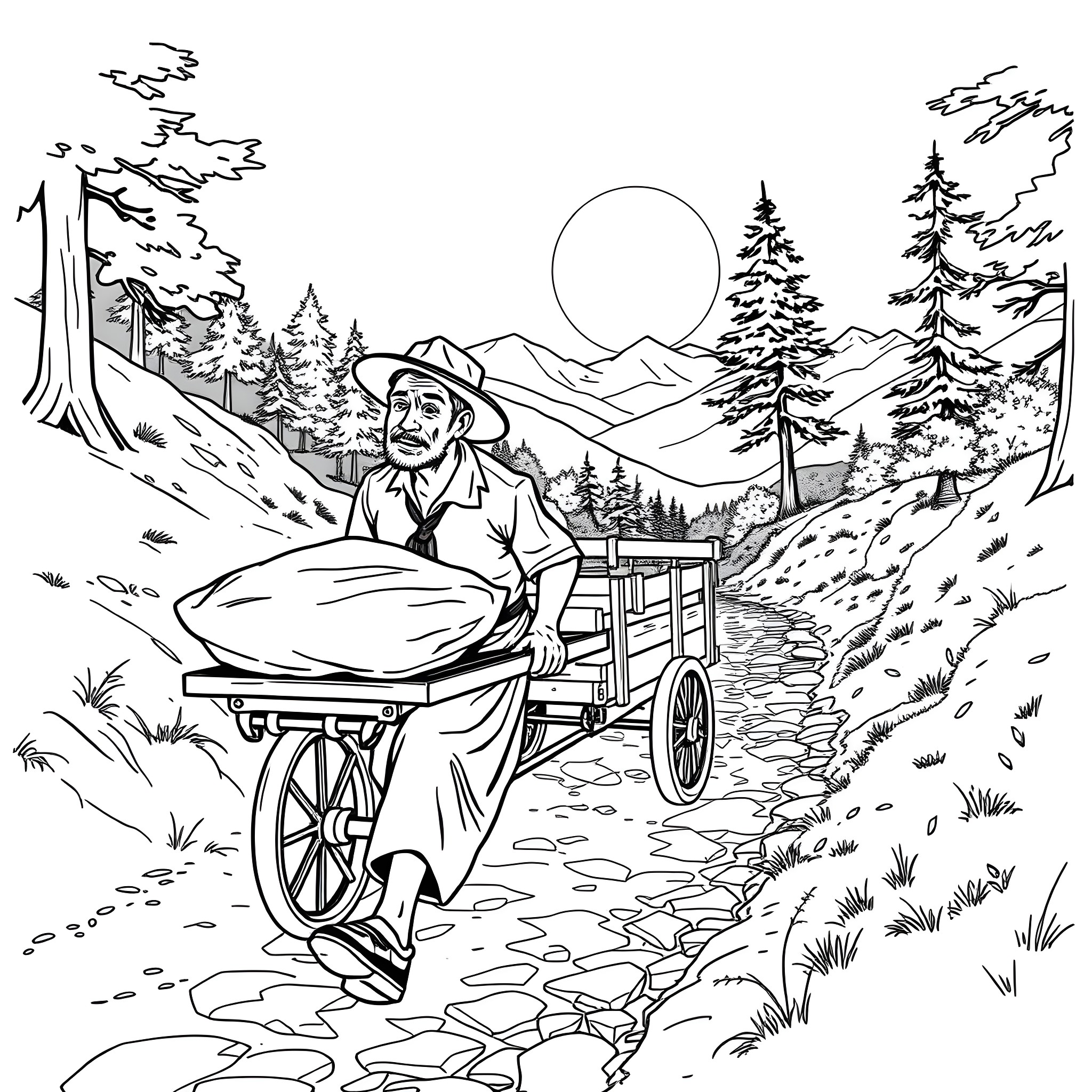 Hauling Goods Through the Scenic Mountain Landscape Coloring Page (free black-and-white line drawing printable PDF for all, from beginners to advanced learners, including children, teens, adults, and seniors)