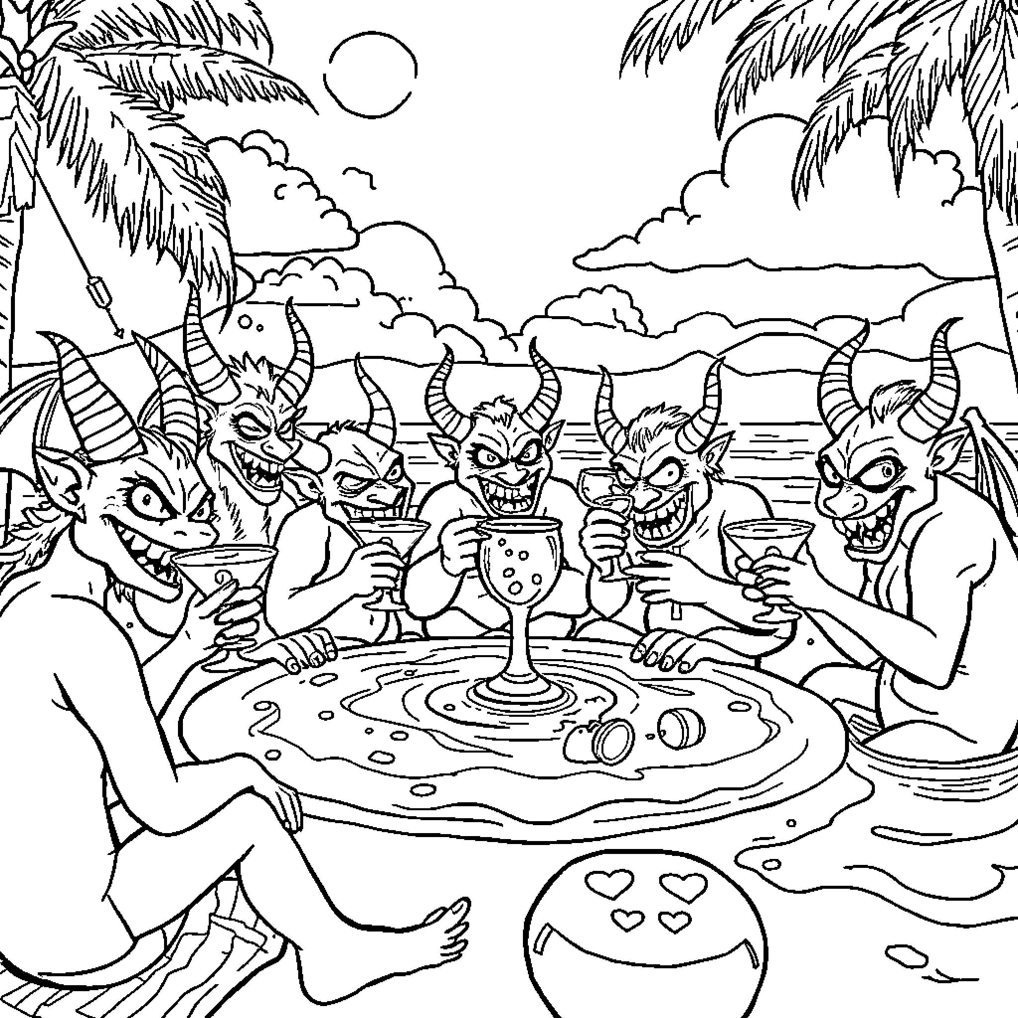 Demon Creatures Celebrating in Tropical Paradise Coloring Page (free black-and-white line drawing printable PDF for all, from beginners to advanced learners, including children, teens, adults, and seniors)