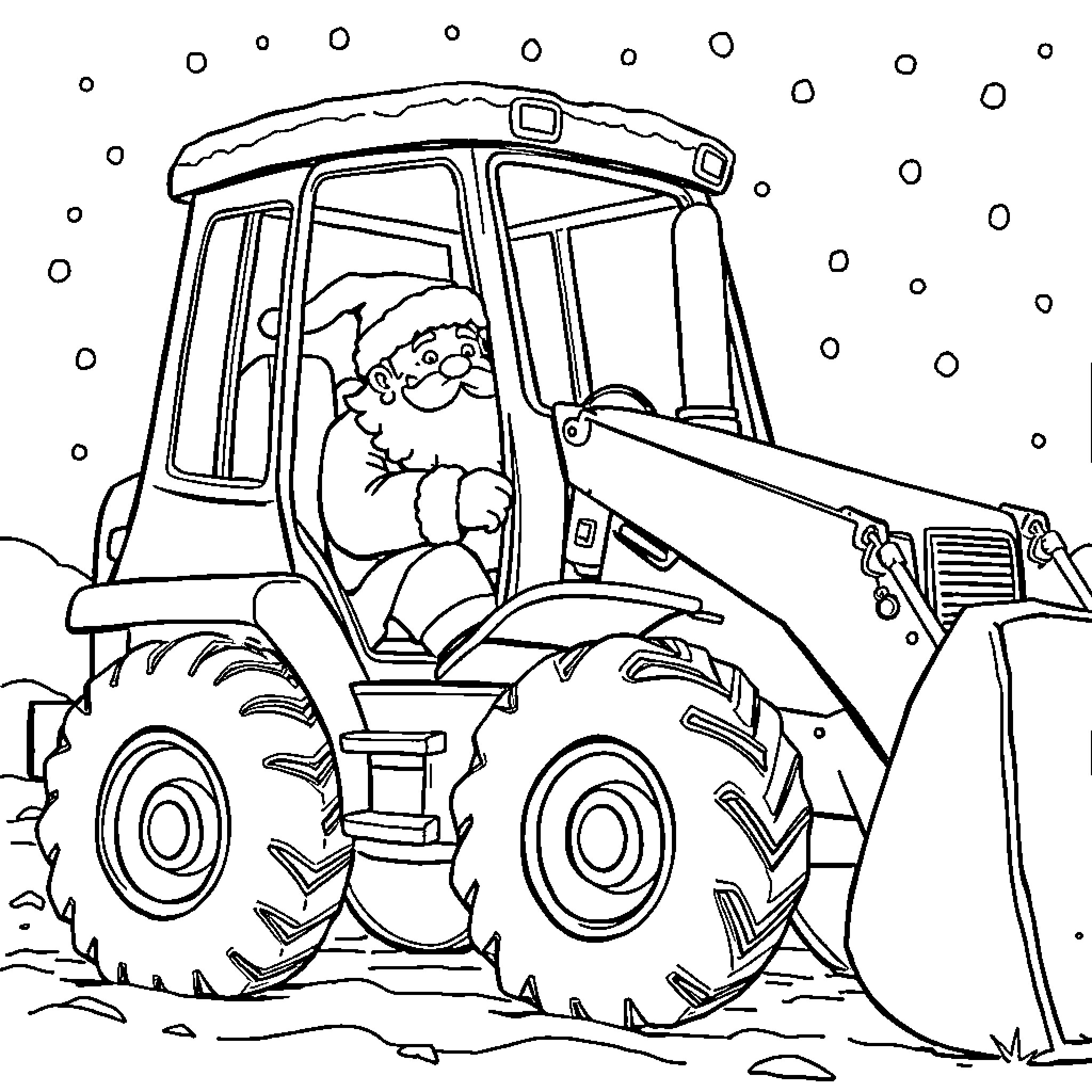 Santa driving a festive tractor in the snowy countryside Coloring Page (free black-and-white line drawing printable PDF for all, from beginners to advanced learners, including children, teens, adults, and seniors)