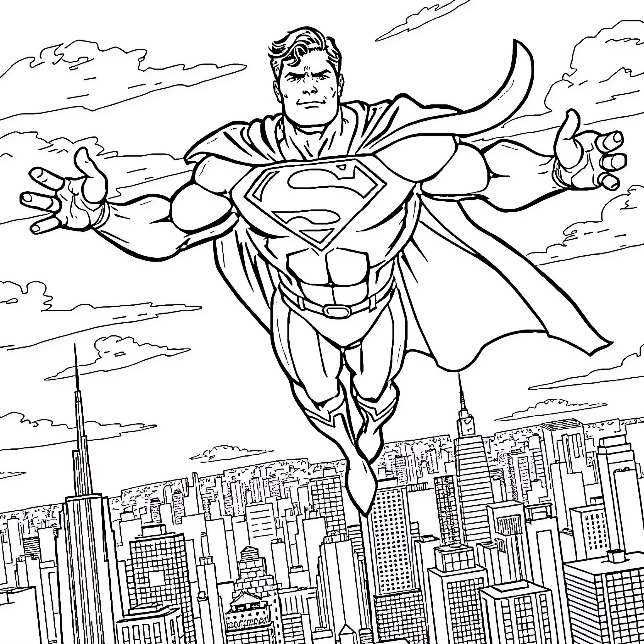 Superman soaring heroically over the city Coloring Page (free black-and-white line drawing printable PDF for all, from beginners to advanced learners, including children, teens, adults, and seniors)