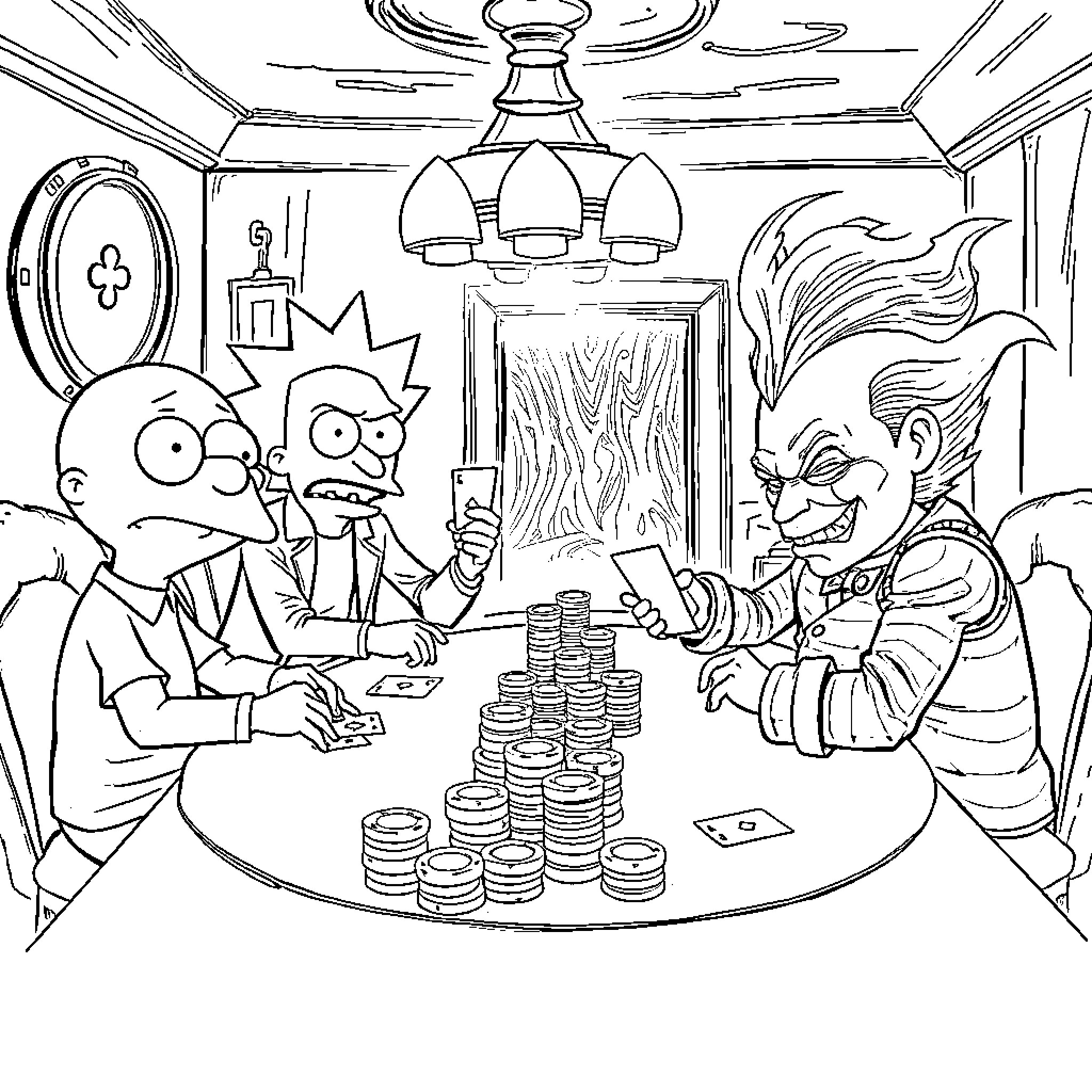 Character Playing Poker in Vibrant Establishment Coloring Page (free black-and-white line drawing printable PDF for all, from beginners to advanced learners, including children, teens, adults, and seniors)
