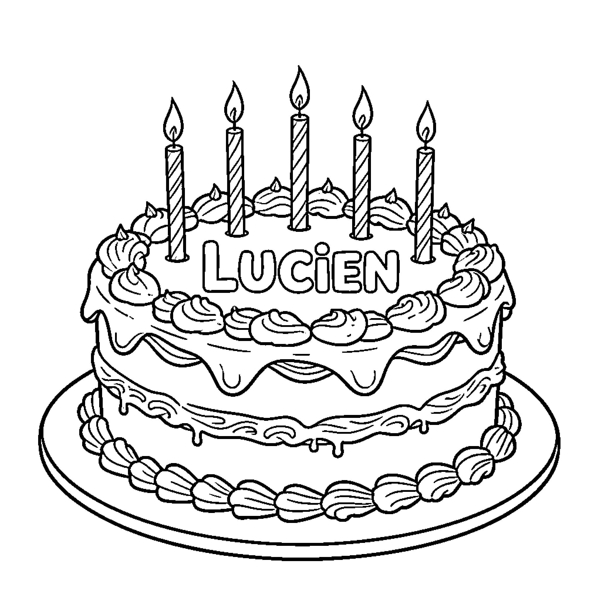 Cake with Candles for Lucien Coloring Page (free black-and-white line drawing printable PDF for all, from beginners to advanced learners, including children, teens, adults, and seniors)
