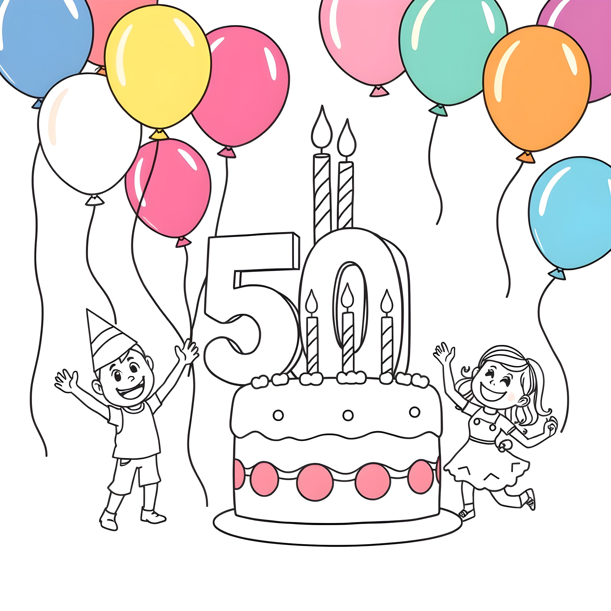 Numberblock 50 celebrating with friends and cake Coloring Page (free black-and-white line drawing printable PDF for all, from beginners to advanced learners, including children, teens, adults, and seniors)