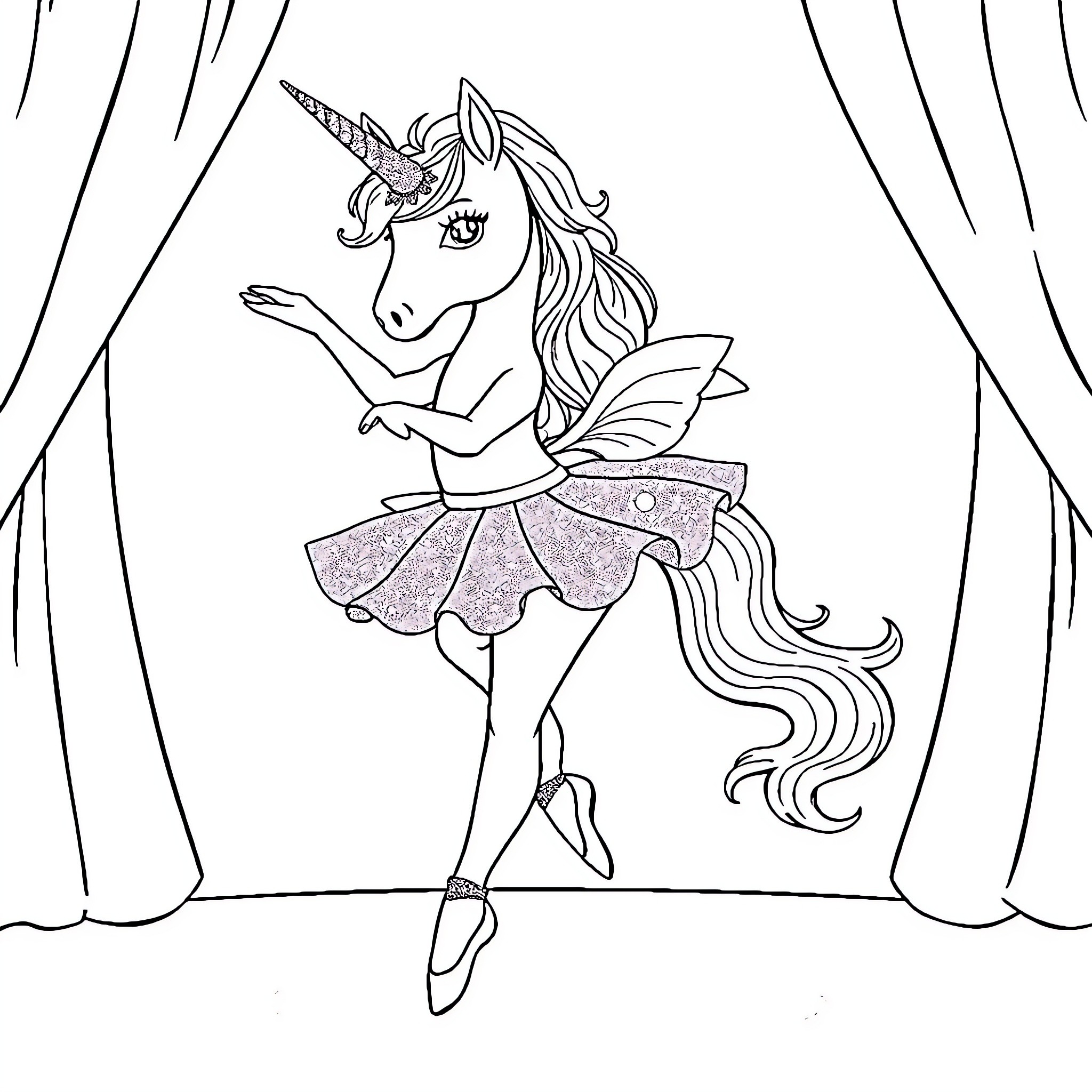 Unicorn ballerina dancing on stage Coloring Page (free black-and-white line drawing printable PDF for all, from beginners to advanced learners, including children, teens, adults, and seniors)