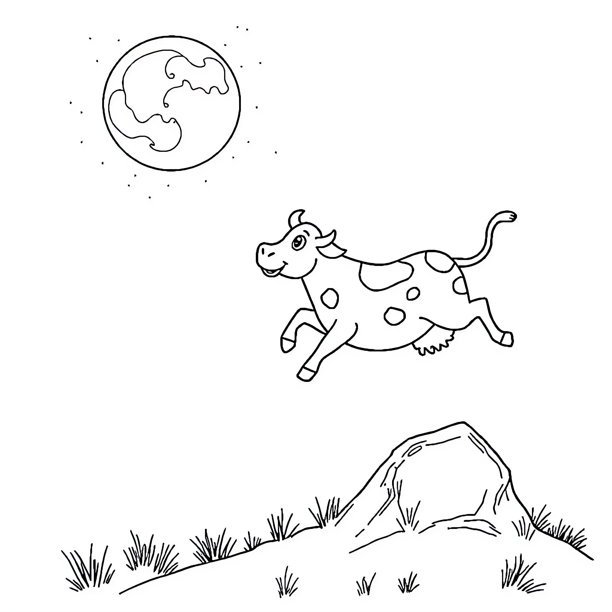 Cow running joyfully under the night sky Coloring Page (free black-and-white line drawing printable PDF for all, from beginners to advanced learners, including children, teens, adults, and seniors)